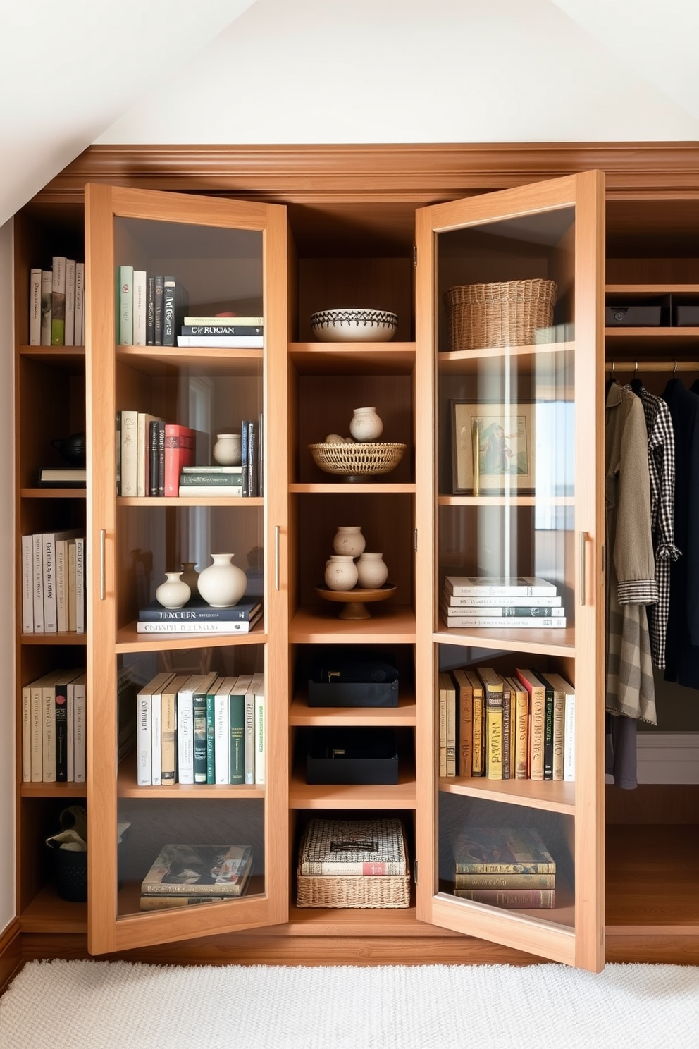 Modular shelving for flexible storage options. The shelves are made of light wood and can be adjusted to different heights to accommodate various items. Attic closet design ideas. The closet features sloped ceilings with built-in shelves and hanging rods that maximize the available space.