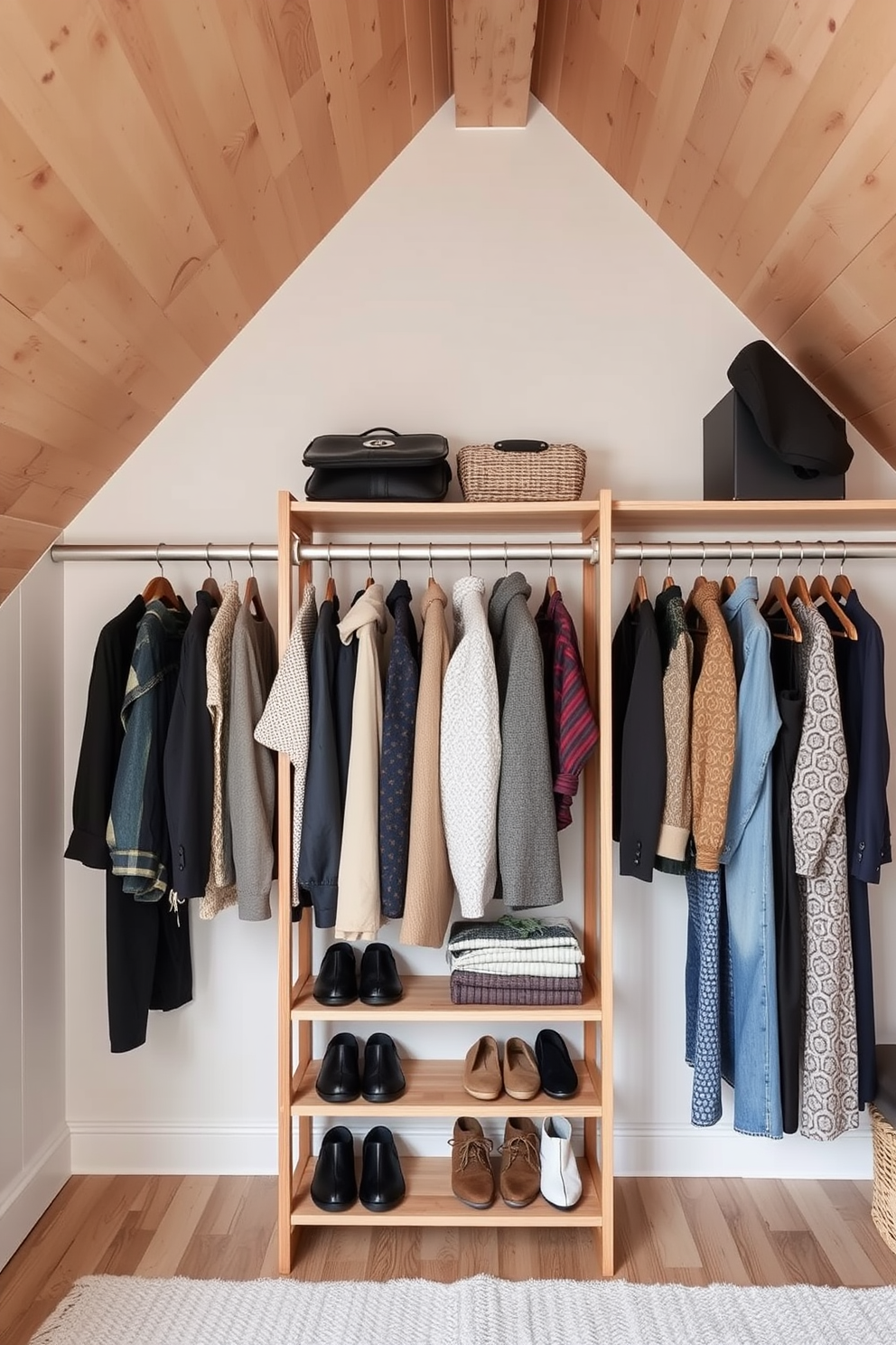 A spacious attic closet featuring a freestanding wardrobe that provides easy access to clothing and accessories. The design incorporates natural light from a skylight, illuminating the warm wooden shelves and soft neutral wall colors. The wardrobe is complemented by a cozy reading nook with a plush chair and a small side table. Decorative storage boxes are neatly arranged on the upper shelves, adding a touch of organization and style to the space.