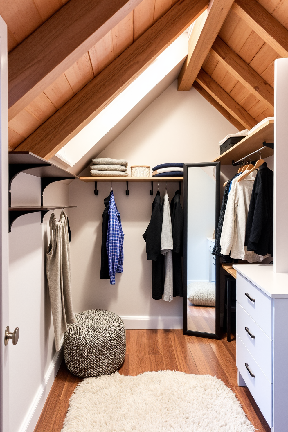 A cozy attic closet with open shelving that showcases neatly folded sweaters and decorative boxes. The walls are painted in a soft white, and the wood beams add warmth to the space. The open shelving is made of reclaimed wood, providing a rustic charm while keeping the area organized. A plush area rug in muted tones lies beneath, adding comfort and style to the closet.