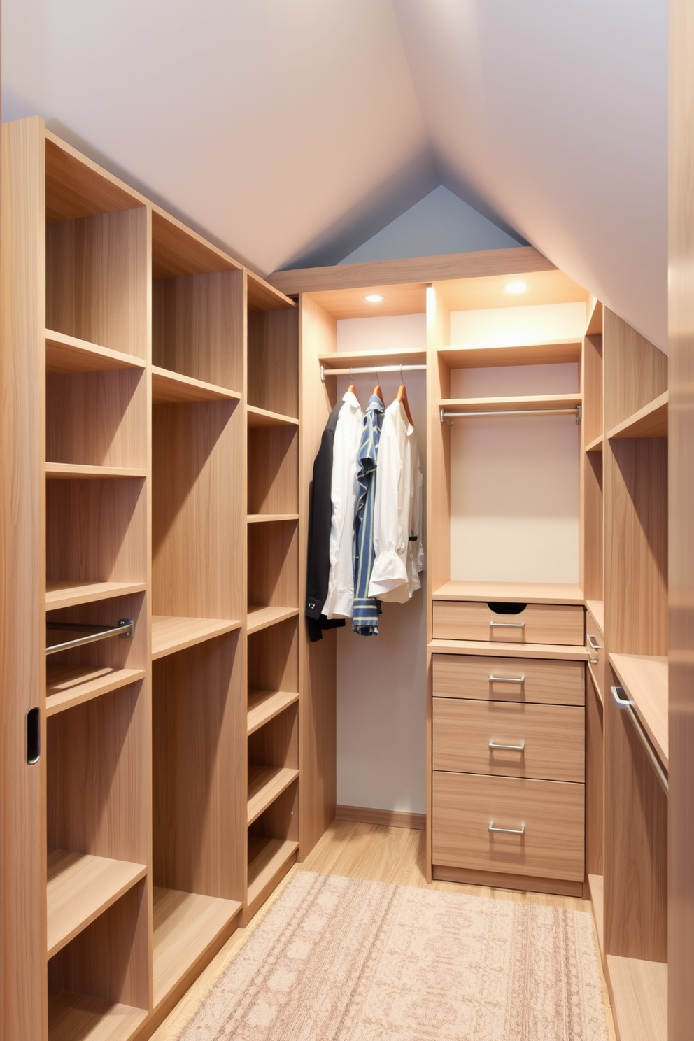 A stylish attic closet design featuring sliding doors that maximize space efficiency. The interior showcases built-in shelving and hanging rods, with soft lighting illuminating the organized storage areas.