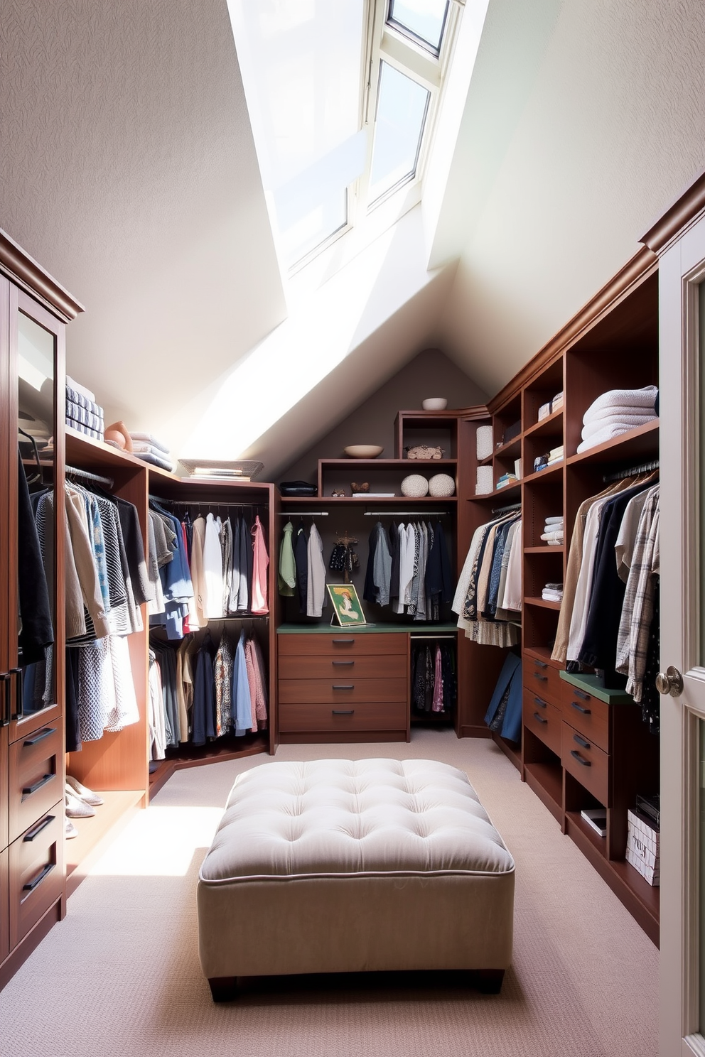 Create a cozy attic closet featuring under-eave drawers for hidden storage. The drawers should blend seamlessly with the sloped ceiling, utilizing the space efficiently while maintaining a stylish appearance. Incorporate soft lighting to enhance the warmth of the wood finishes and create an inviting atmosphere. Use neutral colors for the walls and shelving to keep the space feeling open and airy.