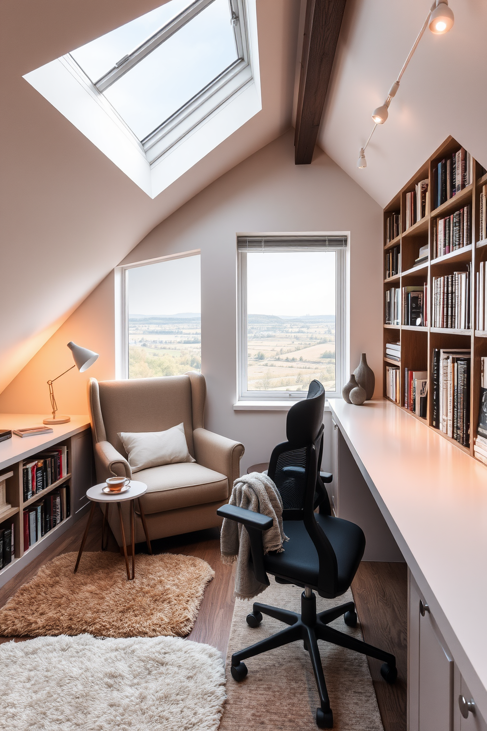 Cozy reading nook with skylights. A plush armchair is positioned beneath the skylights, surrounded by built-in bookshelves filled with an array of books. Soft, warm lighting creates an inviting atmosphere, while a small side table holds a steaming cup of tea. A textured throw blanket drapes over the armchair, enhancing the comfort of this serene space. Attic Conversion Design Ideas. The design features exposed wooden beams that add character to the room, complemented by large windows that flood the space with natural light. A stylish desk area is integrated into the layout, perfect for working or studying, alongside a cozy seating area with decorative cushions.