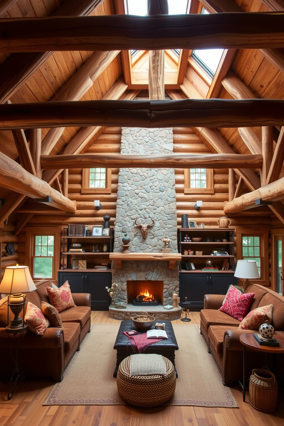 A rustic cabin-style retreat featuring exposed wood beams and a cozy stone fireplace. The interior is adorned with warm, earthy tones, complemented by plush furnishings and handmade decor. Attic conversion design ideas that maximize space and light. Incorporate skylights and open shelving to create a bright, inviting atmosphere while maintaining a charming, rustic aesthetic.