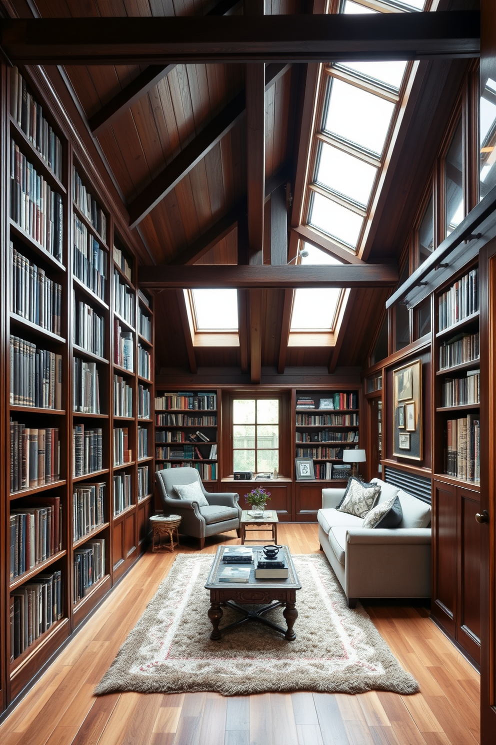 A quaint library with floor-to-ceiling bookshelves made of rich mahogany wood. A cozy reading nook is nestled in the corner with a comfortable armchair and a small side table. The attic conversion features exposed wooden beams and large skylights that flood the space with natural light. A plush rug anchors the seating area, which includes a sectional sofa and a vintage coffee table.