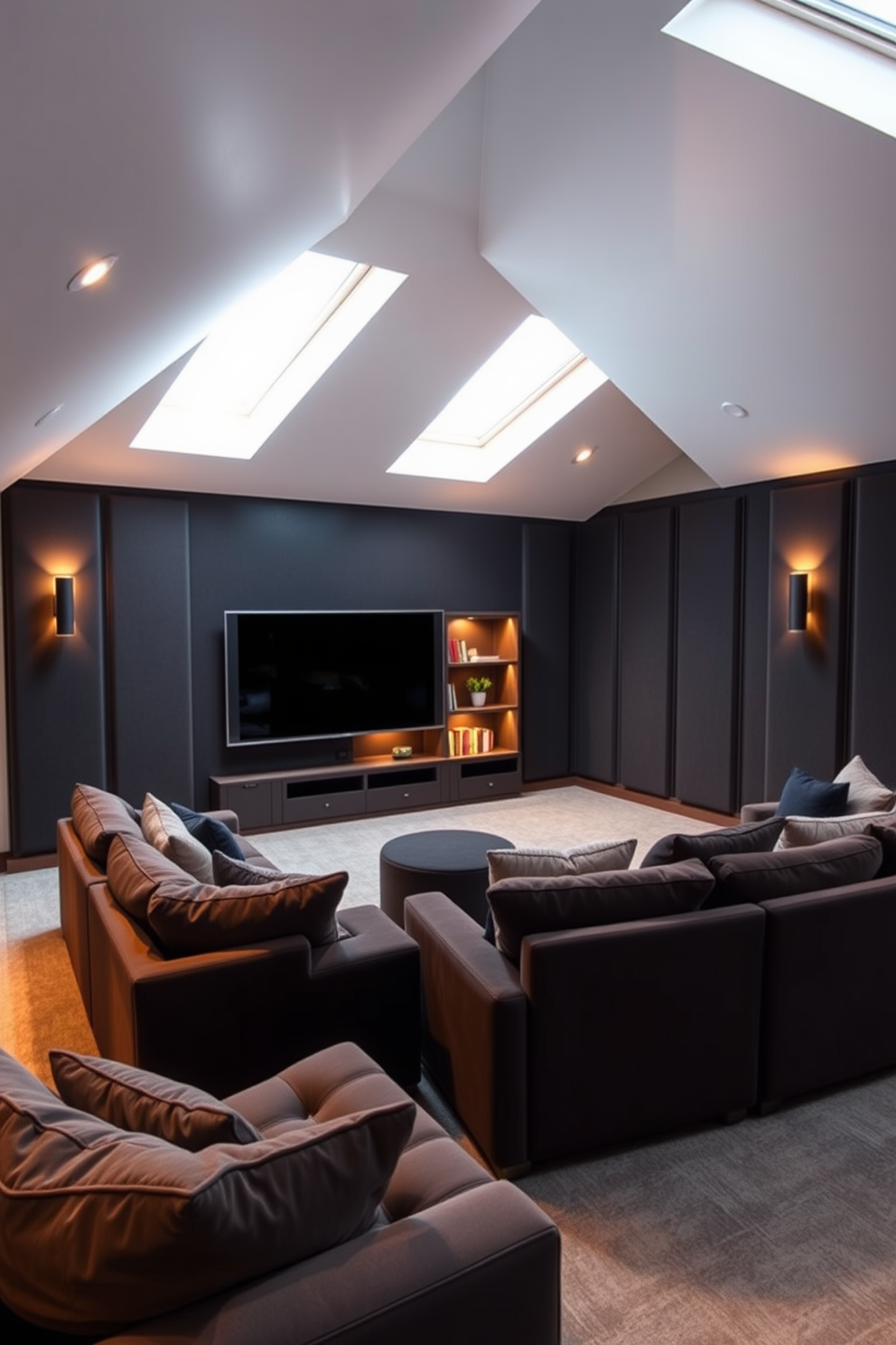 A stylish media room featuring plush sectional seating arranged around a large flat-screen television. The walls are adorned with dark acoustic panels, and ambient lighting creates a cozy atmosphere. An attic conversion designed to maximize space and light with a sloped ceiling and skylights. The area includes a small reading nook with a built-in bookshelf and soft seating, complemented by warm wood accents.