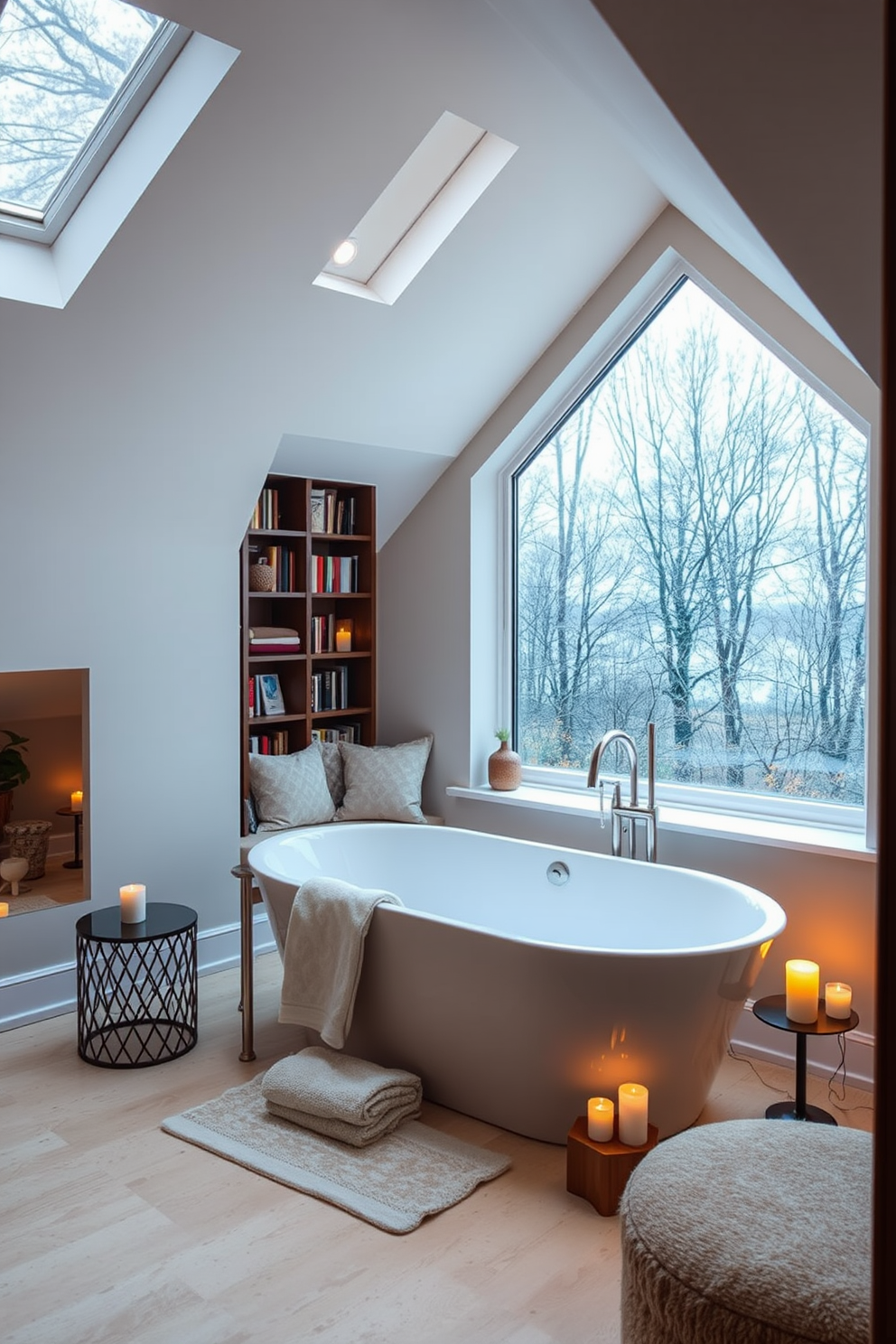 Luxurious spa bathroom with soaking tub. The space features a freestanding soaking tub positioned under a large window with views of nature, surrounded by candles and soft towels. Attic conversion design ideas. The design incorporates skylights for natural light, with a cozy reading nook created by a built-in bookshelf and plush seating.