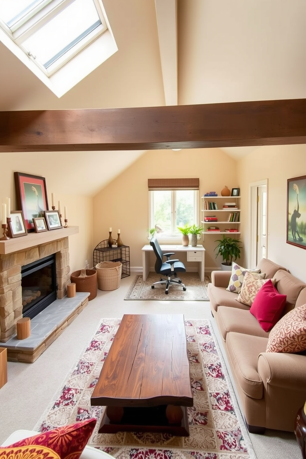 Warm family room with cozy fireplace. The room features a large sectional sofa in soft beige fabric, complemented by colorful throw pillows. A rustic wooden coffee table sits in front of the sofa, surrounded by plush area rugs. The fireplace is framed with stone, creating a focal point adorned with family photos and decorative candles. Attic conversion design ideas. The space is transformed into a bright and airy home office with skylights allowing natural light to flood in. A sleek desk is positioned under the window, accompanied by a comfortable ergonomic chair. The walls are painted in a light pastel hue, and shelves filled with books and plants add a touch of personality.