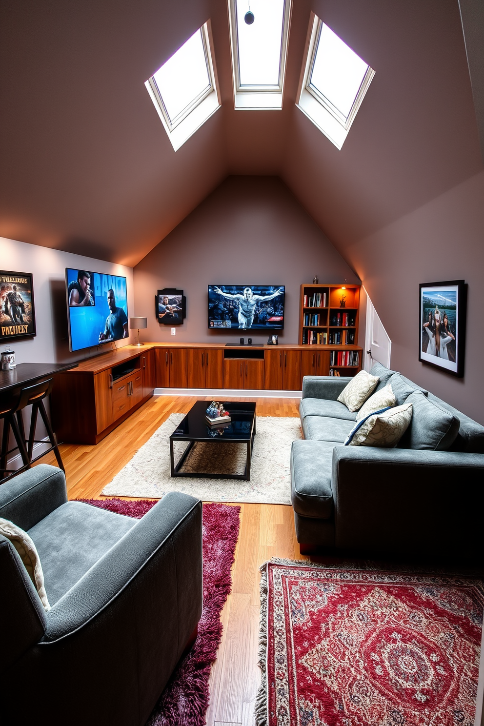 A modern music studio featuring soundproofing panels on the walls and ceiling. Various musical instruments including a grand piano and electric guitar are strategically placed throughout the space. A cozy attic conversion designed for relaxation and creativity. The room includes a comfortable reading nook with built-in shelves and a large window allowing natural light to flood in.