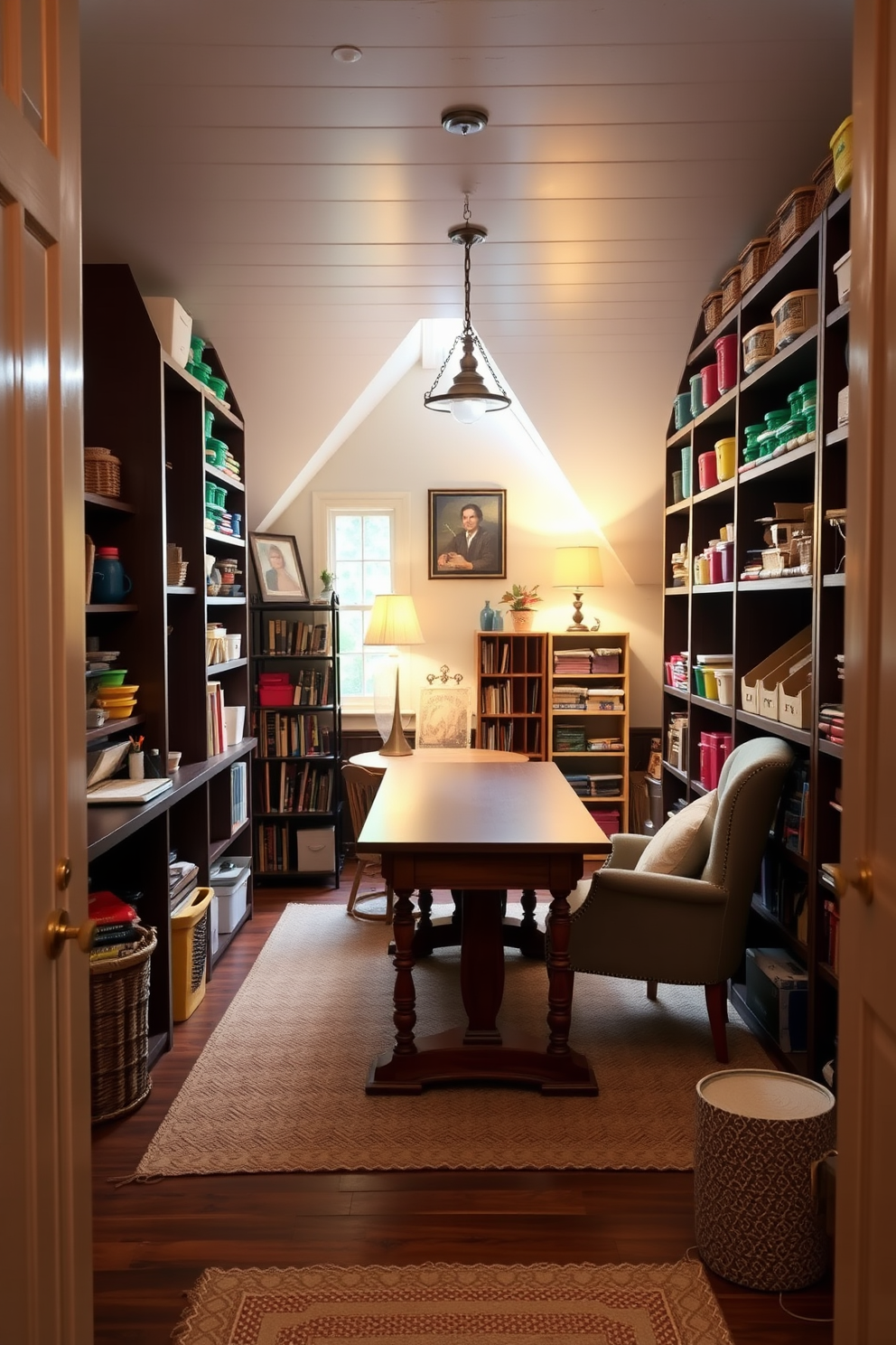 A modern office space featuring ergonomic furniture setup. The desk is positioned near a large window, with an adjustable chair that promotes good posture. An attic conversion designed for comfort and style. The sloped ceilings are complemented by skylights, creating a cozy reading nook with plush seating.