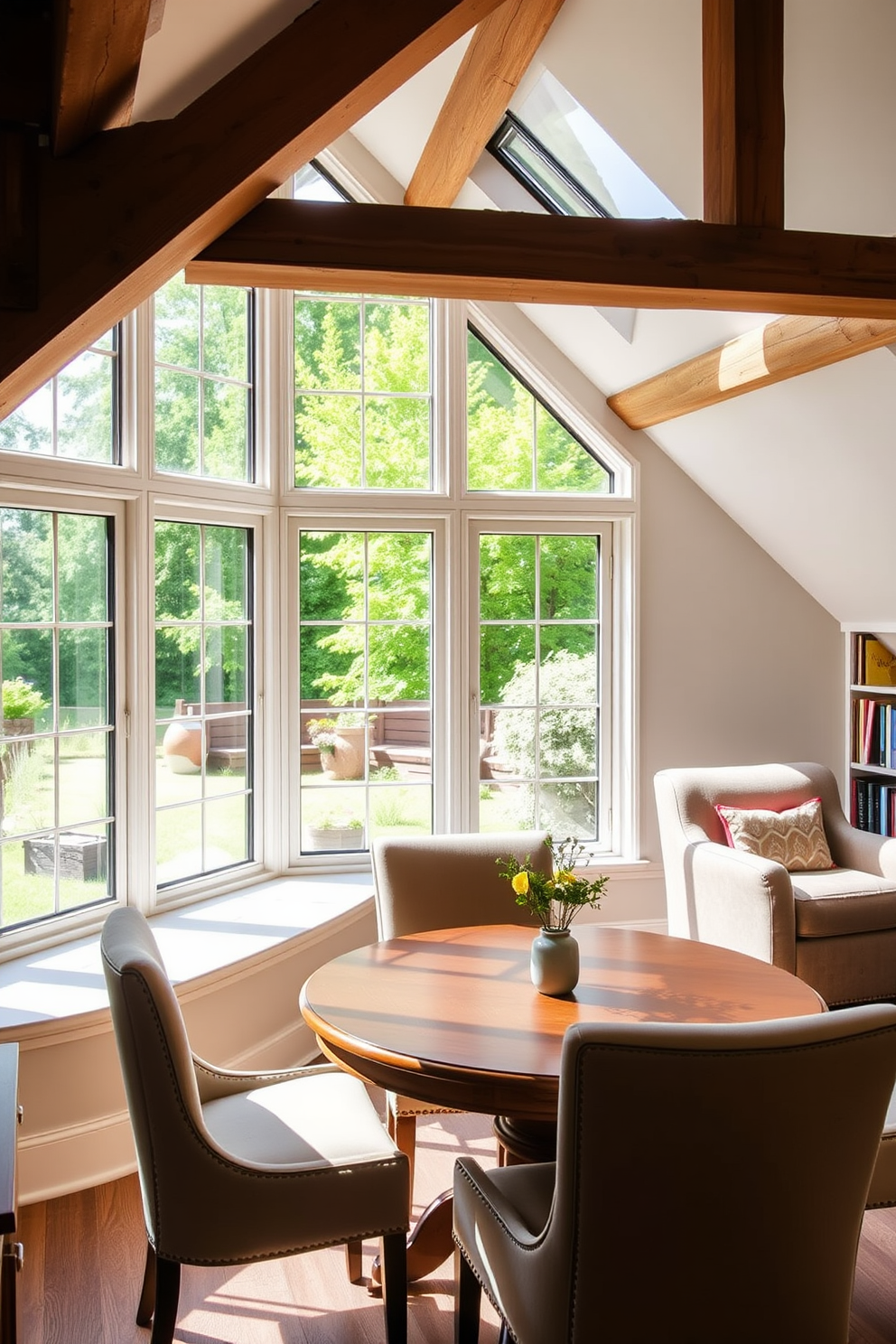 A seasonal storage area designed for easy access features built-in shelving units lined with neatly organized bins. The walls are painted in a soft white color, and large windows allow natural light to flood the space, creating an inviting atmosphere. For the attic conversion, the design incorporates cozy nooks with plush seating and a small desk area for work or study. Exposed beams add character, while a light color palette enhances the sense of space and warmth.