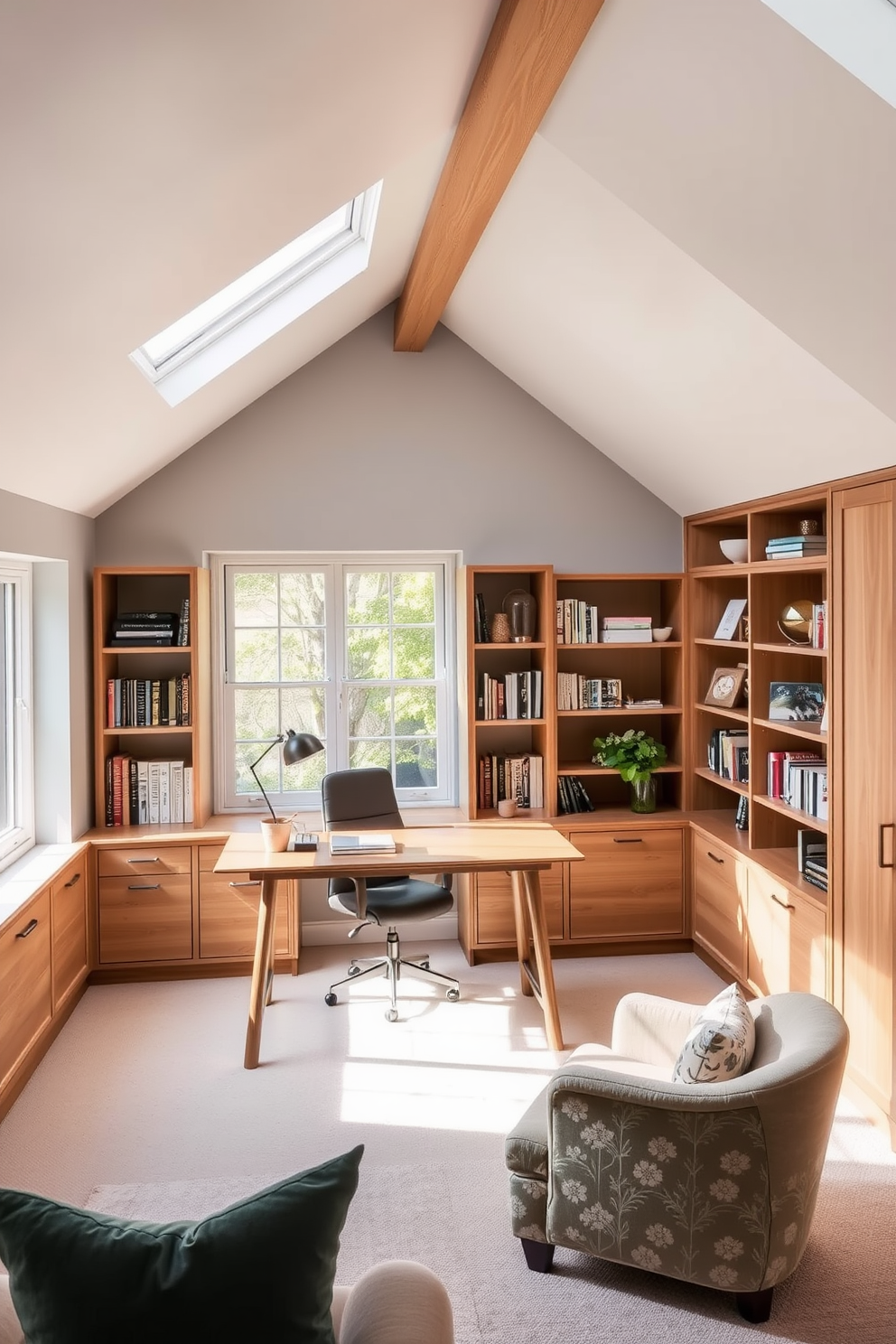 A cozy home office with built-in shelves that seamlessly blend into the wall. The desk is made of reclaimed wood and faces a large window that lets in natural light. An attic conversion featuring sloped ceilings and skylights that create an open and airy atmosphere. The space is furnished with a comfortable reading nook and vibrant accents that add warmth.