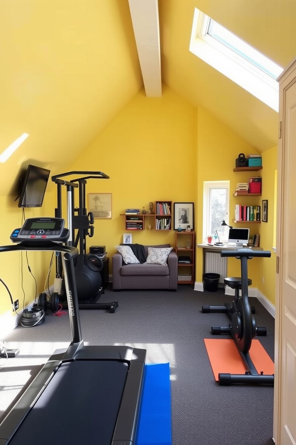 A functional home gym featuring a variety of workout equipment including a treadmill, weights, and a yoga mat. The walls are painted in a bright, energizing color and large windows provide ample natural light. For the attic conversion design ideas, envision a cozy space with sloped ceilings and skylights that let in sunlight. The area is furnished with a comfortable seating arrangement, a small desk, and decorative shelves showcasing books and personal items.