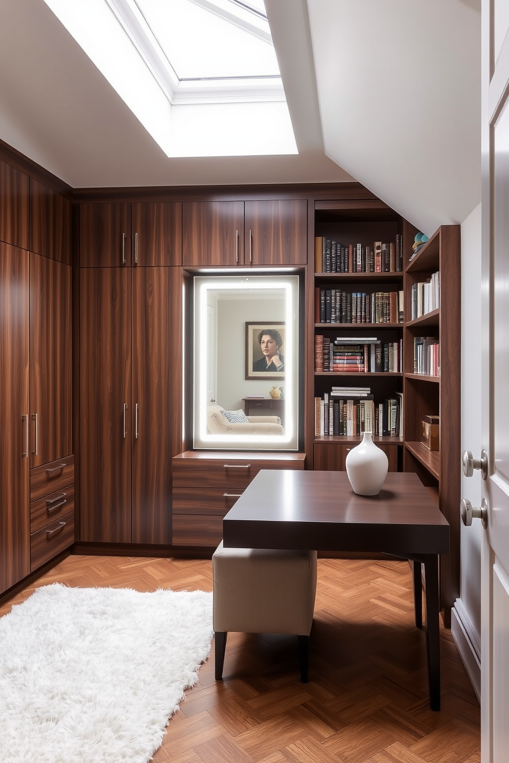 A bright and inviting hobby room filled with natural light. The space features a large wooden table covered with various crafting supplies and colorful storage bins lining the shelves. An attic conversion designed to maximize space and comfort. Cozy seating areas are created with plush cushions, and large windows offer stunning views while maintaining a warm, inviting atmosphere.