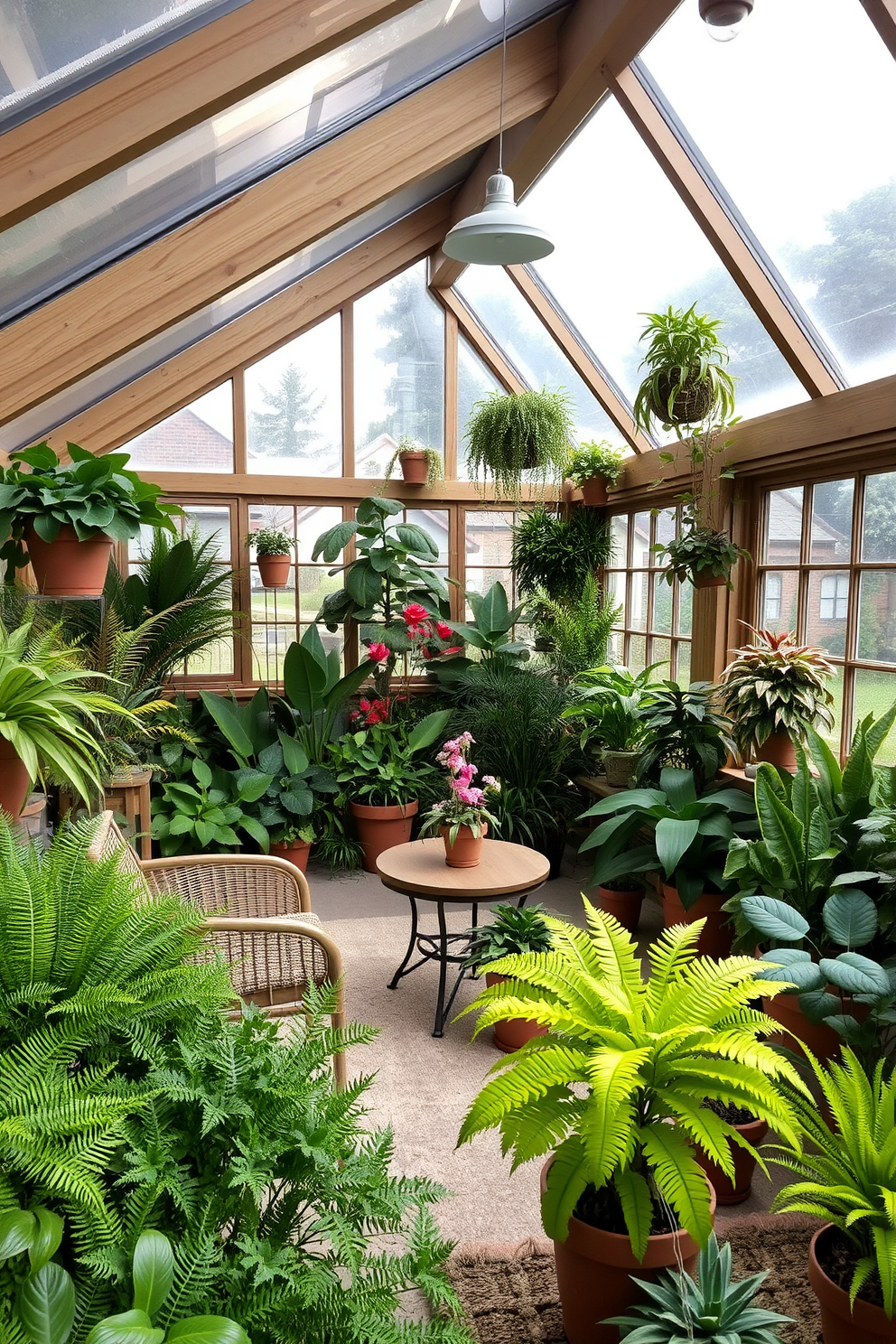 Inviting greenhouse with indoor plants. The space is filled with a variety of lush greenery, including ferns, succulents, and flowering plants, all arranged in elegant terracotta pots. Natural light floods the area through large glass windows, creating a warm and welcoming atmosphere. A comfortable seating area with wicker chairs and a small wooden table invites relaxation among the plants. Attic conversion design ideas. The room features sloped ceilings with exposed wooden beams, creating a cozy and intimate space. Soft lighting fixtures are strategically placed to enhance the charm, while a plush area rug adds warmth underfoot.