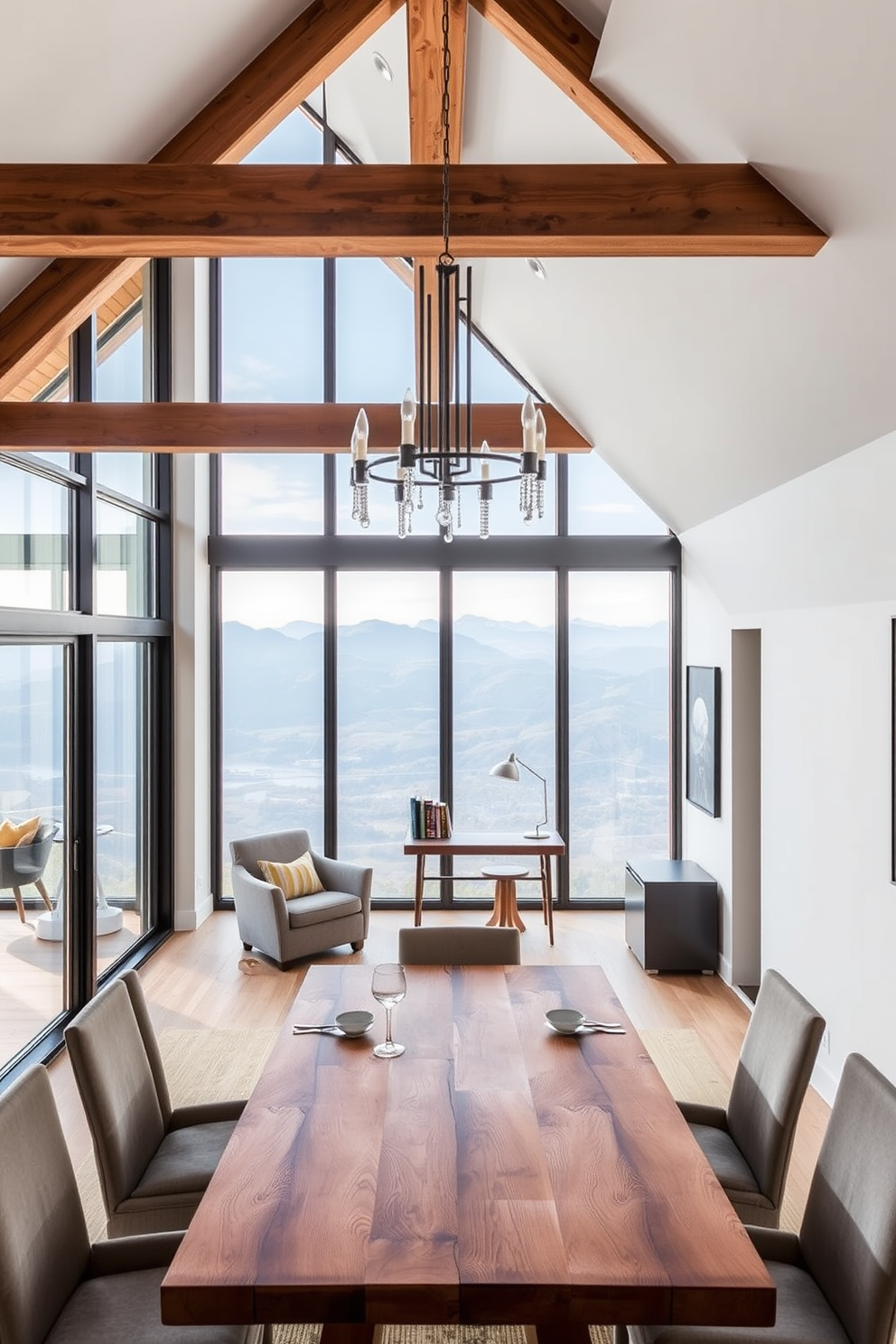 Cozy movie den with projector setup. The walls are painted in a deep navy blue, and plush seating is arranged in a semi-circle around a large screen. Attic conversion design ideas. Exposed wooden beams create a rustic charm, while large windows allow natural light to flood the space, showcasing a cozy reading nook with built-in shelves.