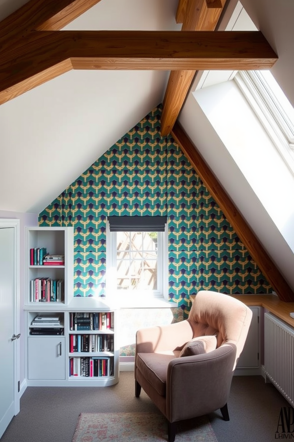 A bold accent wall features creative wallpaper with a vibrant geometric pattern that adds energy to the space. The surrounding walls are painted in a soft neutral tone to balance the boldness and create a cohesive look. The attic conversion design includes a cozy reading nook with built-in bookshelves and a plush armchair positioned near a skylight. Natural light floods the area, enhancing the warm wooden beams that add character to the room.