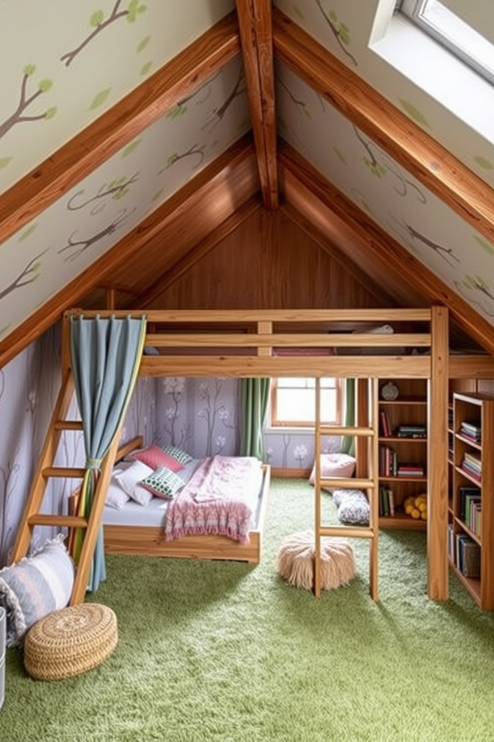 A playful treehouse-inspired kids room design featuring a wooden loft bed shaped like a treehouse with colorful curtains. The walls are adorned with whimsical forest-themed wallpaper and the floor is covered with a soft, green carpet resembling grass. Attic conversion design ideas showcasing a cozy reading nook with built-in shelves and a large window letting in natural light. The space is accented with warm wood beams and a comfortable seating area filled with plush cushions and blankets.