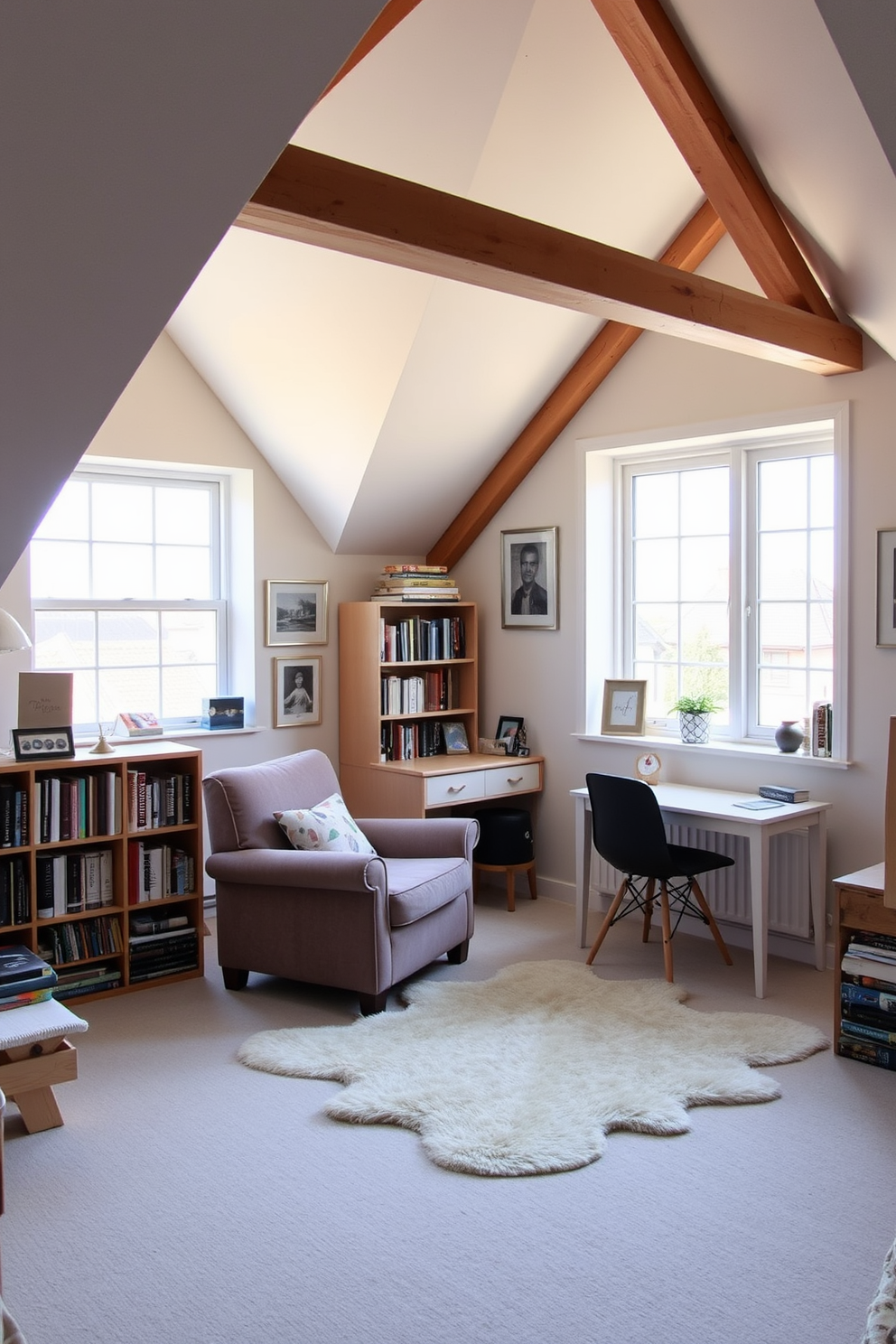 A versatile multi-purpose space designed for hobbies features a cozy reading nook with a plush armchair and a small bookshelf filled with various novels. The area is brightened by large windows that allow natural light to flood in, creating an inviting atmosphere for creativity. In the attic conversion, exposed beams add character to the room, while a soft area rug anchors the seating arrangement. The walls are painted in a light, airy color, and a small desk is positioned by the window for a perfect workspace.