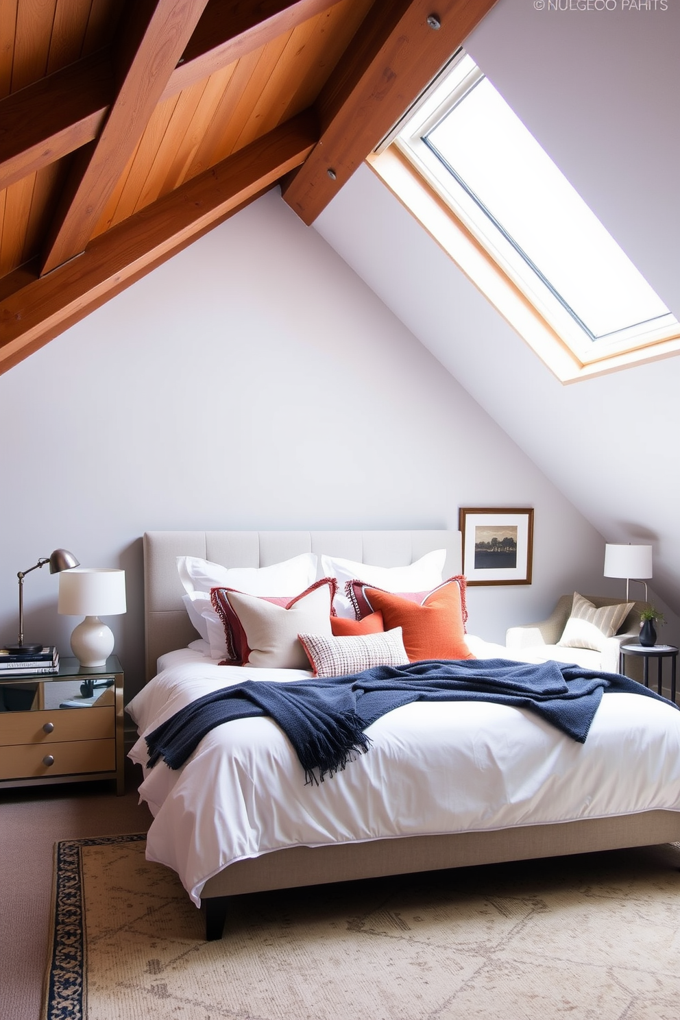 Chic guest bedroom with sloped ceiling featuring a plush king-sized bed dressed in soft white linens and an assortment of decorative pillows. Natural light floods the space through a large skylight, illuminating the warm wooden beams that add character to the room. On one side of the bed, a sleek nightstand holds a modern lamp and a stack of books, while on the opposite side, a cozy reading nook is created with a comfortable armchair and a small side table. The walls are painted in a calming light gray, and a stylish area rug anchors the space, providing a touch of warmth and texture.