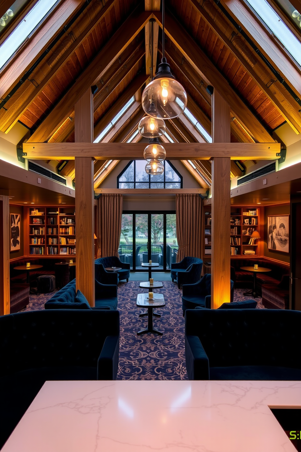 A personal library with cozy seating options. The room features built-in bookshelves filled with books, and a plush armchair sits in the corner next to a small side table. Attic conversion design ideas. The space includes a comfortable reading nook with large windows, and a rustic wooden desk is positioned against the sloped ceiling, creating an inviting workspace.