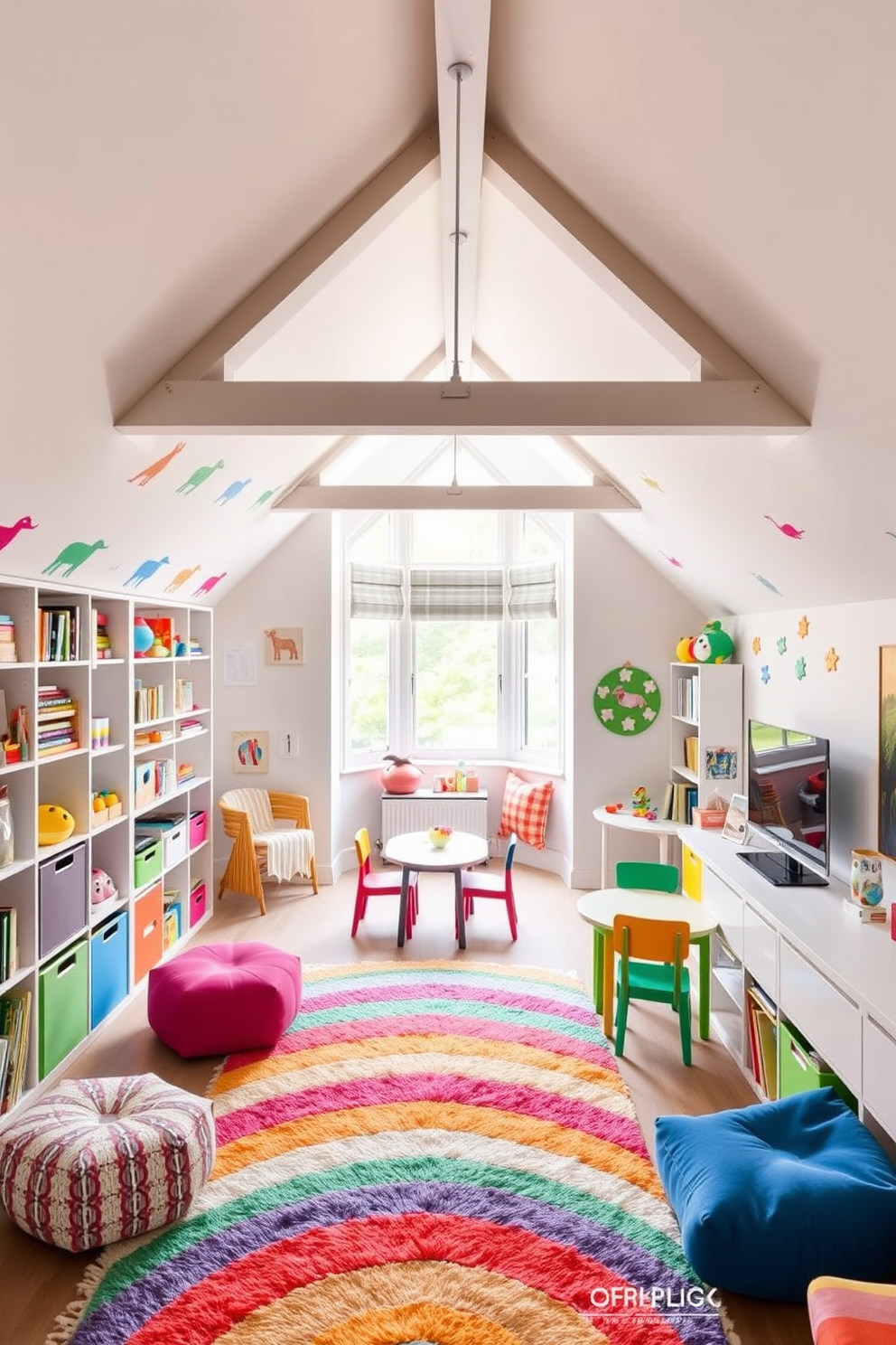 A vibrant playroom filled with colorful decor features a large, plush rug in bright hues covering the floor. Wall-mounted shelves display an array of toys and books, while a cozy reading nook with bean bags invites children to relax and enjoy their favorite stories. The attic conversion boasts a modern design with sloped ceilings and skylights that flood the space with natural light. A stylish workspace is integrated into the layout, complemented by a comfortable lounge area adorned with soft furnishings in neutral tones.