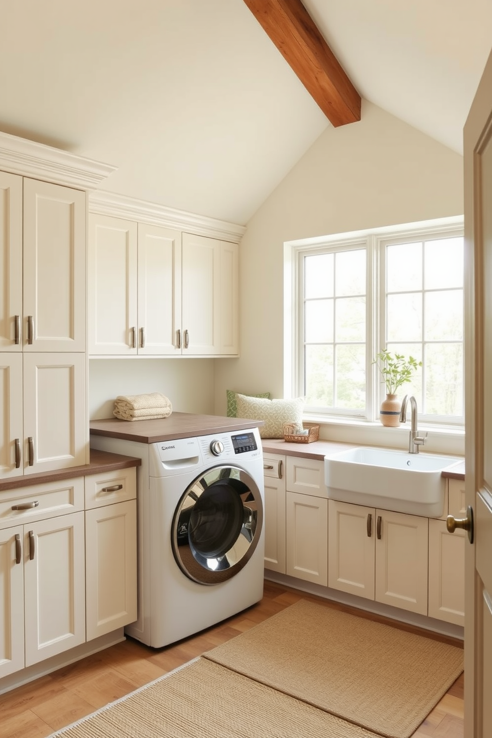 Functional laundry room with ample storage. The space features built-in cabinets, a countertop for folding clothes, and a large sink for handwashing. Attic conversion design ideas. The room is designed with sloped ceilings, cozy nooks for reading, and large windows that let in natural light.