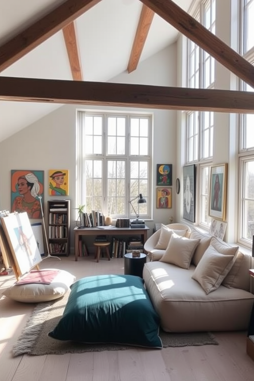 Creative art studio with natural light. The space features large windows that flood the room with sunlight, illuminating the walls adorned with vibrant artwork. Attic conversion design ideas. The room showcases exposed beams and a cozy reading nook, complemented by soft furnishings and a color palette of warm neutrals.