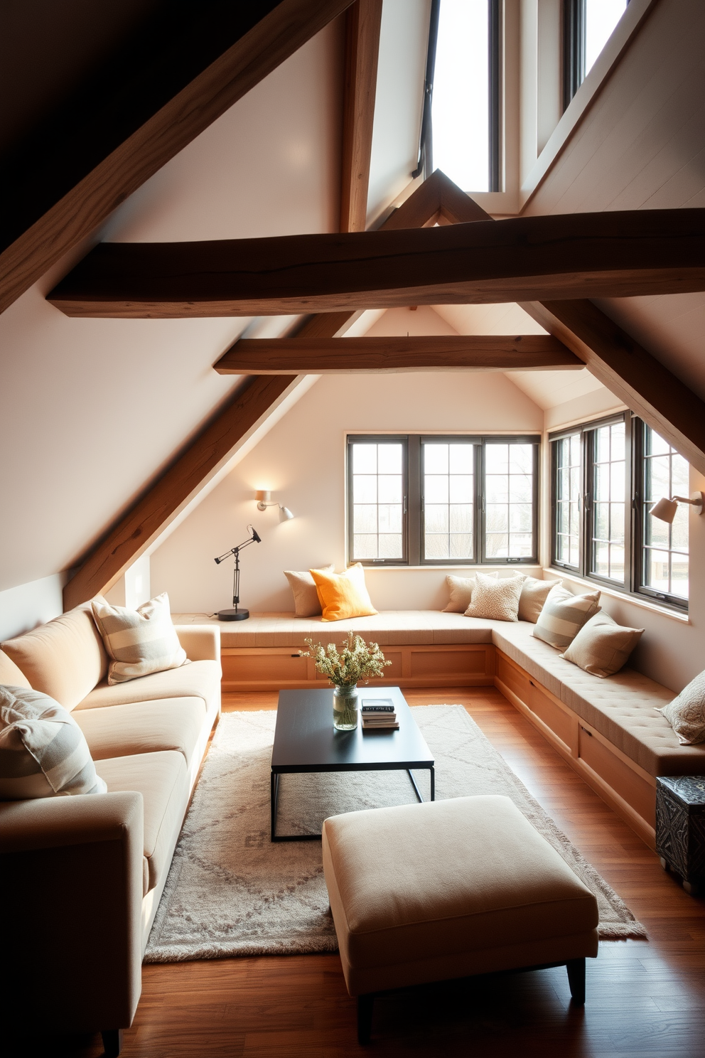 Inviting lounge area with soft seating. The space features a plush sectional sofa in a warm neutral tone, complemented by oversized throw pillows in various textures. A stylish coffee table sits in the center, surrounded by a cozy area rug that adds warmth to the hardwood floor. Large windows allow natural light to flood the room, creating a bright and airy atmosphere. Attic conversion design ideas. The design incorporates sloped ceilings with exposed beams, enhancing the character of the space while maximizing headroom. A comfortable reading nook is created with a built-in bench seat adorned with cushions, perfect for relaxation. Soft ambient lighting fixtures are strategically placed to highlight the unique architectural features of the attic.