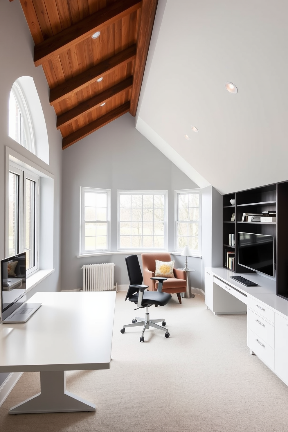 A sleek minimalist workspace featuring a large white desk with clean lines and a comfortable ergonomic chair. The walls are painted in a soft gray, and large windows allow natural light to flood the room, creating an inviting atmosphere. An attic conversion designed to maximize space and light, showcasing a cozy reading nook with built-in shelves and a plush armchair. The sloped ceiling is adorned with recessed lighting, and the wooden beams add warmth to the overall aesthetic.