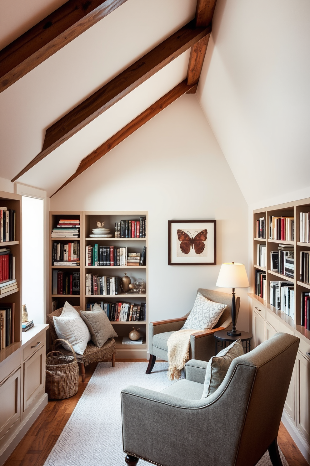 A cozy reading nook is nestled in a corner with plush cushions and a soft throw blanket. Built-in shelves line the walls, filled with an array of books and decorative items, creating an inviting atmosphere. The attic features sloped ceilings adorned with wooden beams, enhancing its charm. A comfortable seating area is created with a stylish armchair and a small side table, perfect for enjoying quiet moments.