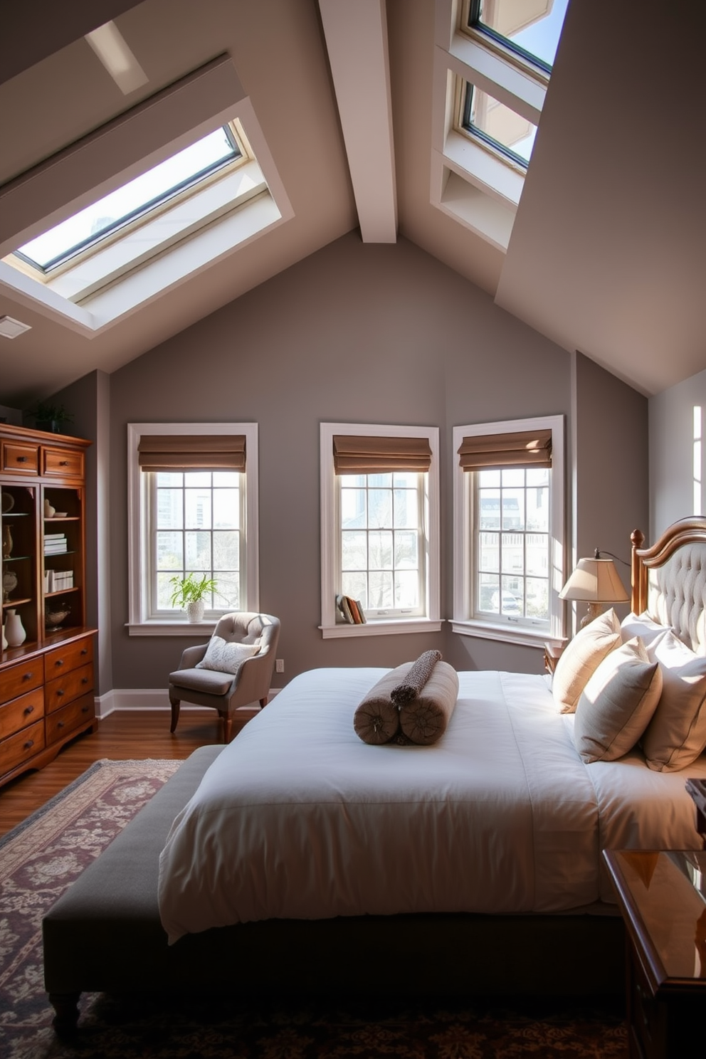 Elegant master suite with skylight windows. The room features a plush king-sized bed with a tufted headboard and soft linens, surrounded by warm wooden accents. Large skylight windows allow natural light to flood the space, illuminating the cozy reading nook with a comfortable armchair. The walls are painted in a soothing soft gray, complemented by rich, textured throw pillows and a stylish area rug. Attic design ideas focus on maximizing space while maintaining a cozy atmosphere. Incorporate built-in shelving and a small workspace to create a functional yet inviting retreat.