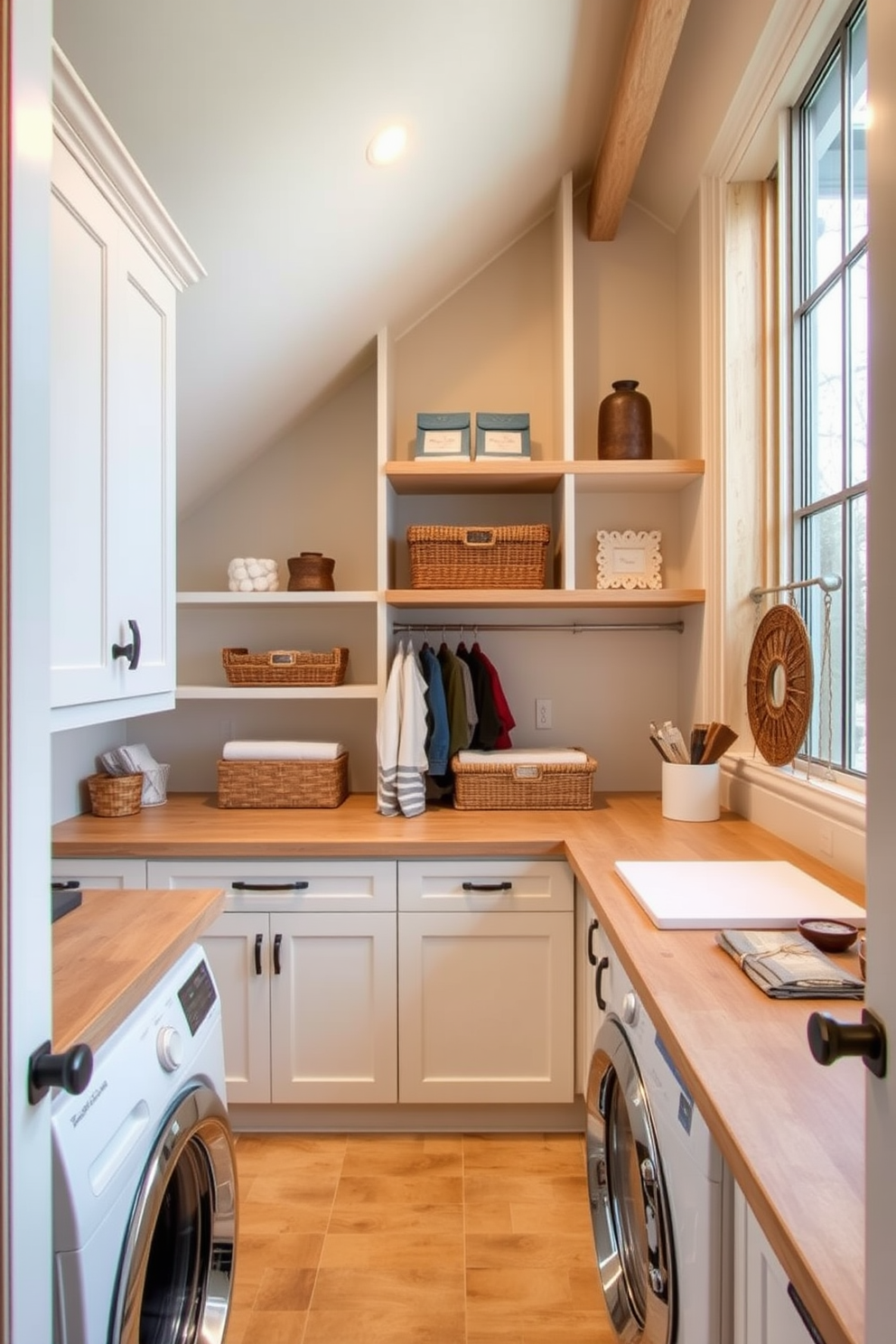 Functional laundry room with smart storage. The space features built-in cabinets and open shelving for easy organization, with a large countertop for folding clothes. Attic design ideas that maximize space and light. The design includes cozy nooks with built-in seating, large windows for natural light, and a blend of rustic and modern decor elements.