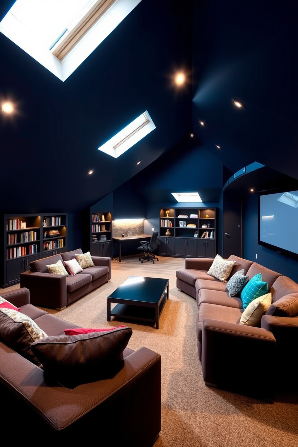 Inviting movie room with plush seating. The walls are painted in a deep navy blue, and the ceiling features soft recessed lighting to create a cozy atmosphere. A large sectional sofa is arranged in a U-shape, adorned with colorful throw pillows. A sleek coffee table sits in the center, and a large screen is mounted on the wall for an immersive viewing experience. Attic design ideas that maximize space and light. The room features sloped ceilings with skylights that allow natural light to flood in. Cozy nooks are created with built-in bookshelves and a reading chair. A small workspace is tucked into one corner, complete with a desk and ergonomic chair for productivity.