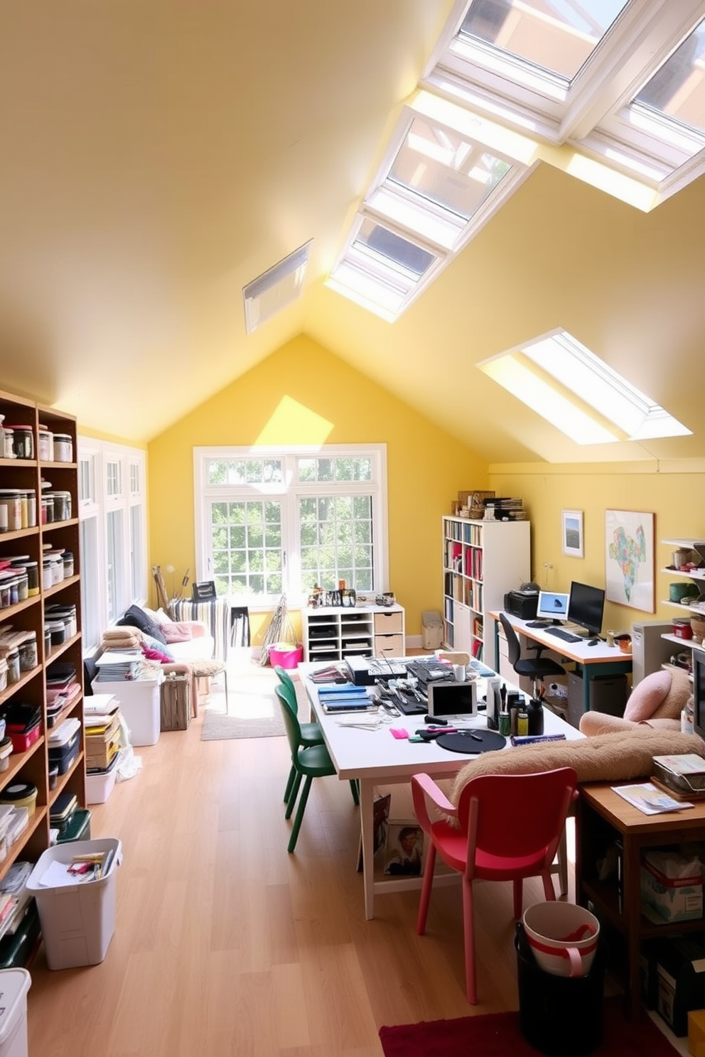 A creative craft room filled with organized supplies. Shelves lined with colorful containers hold various materials, while a large work table is covered in tools and projects in progress. Attic design ideas that maximize space and light. Cozy seating areas are nestled under the eaves, with large windows allowing natural light to flood the room.