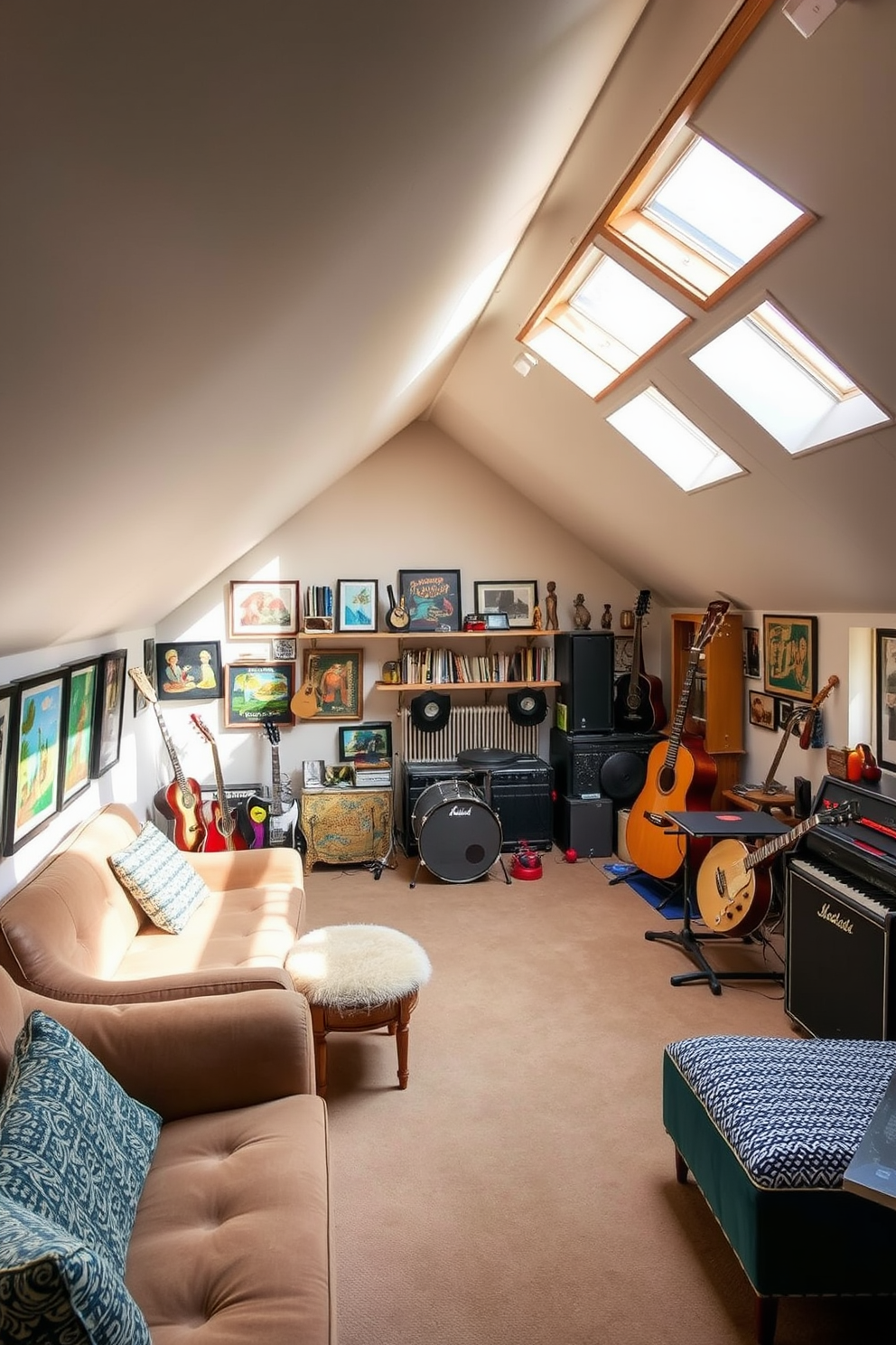 Eclectic music room with soundproofing. The walls are adorned with vibrant artwork and shelves filled with musical instruments, while plush seating areas invite relaxation and creativity. Attic design ideas. The space is transformed with cozy nooks, natural light streaming through skylights, and a mix of vintage and modern furnishings that create a unique atmosphere.