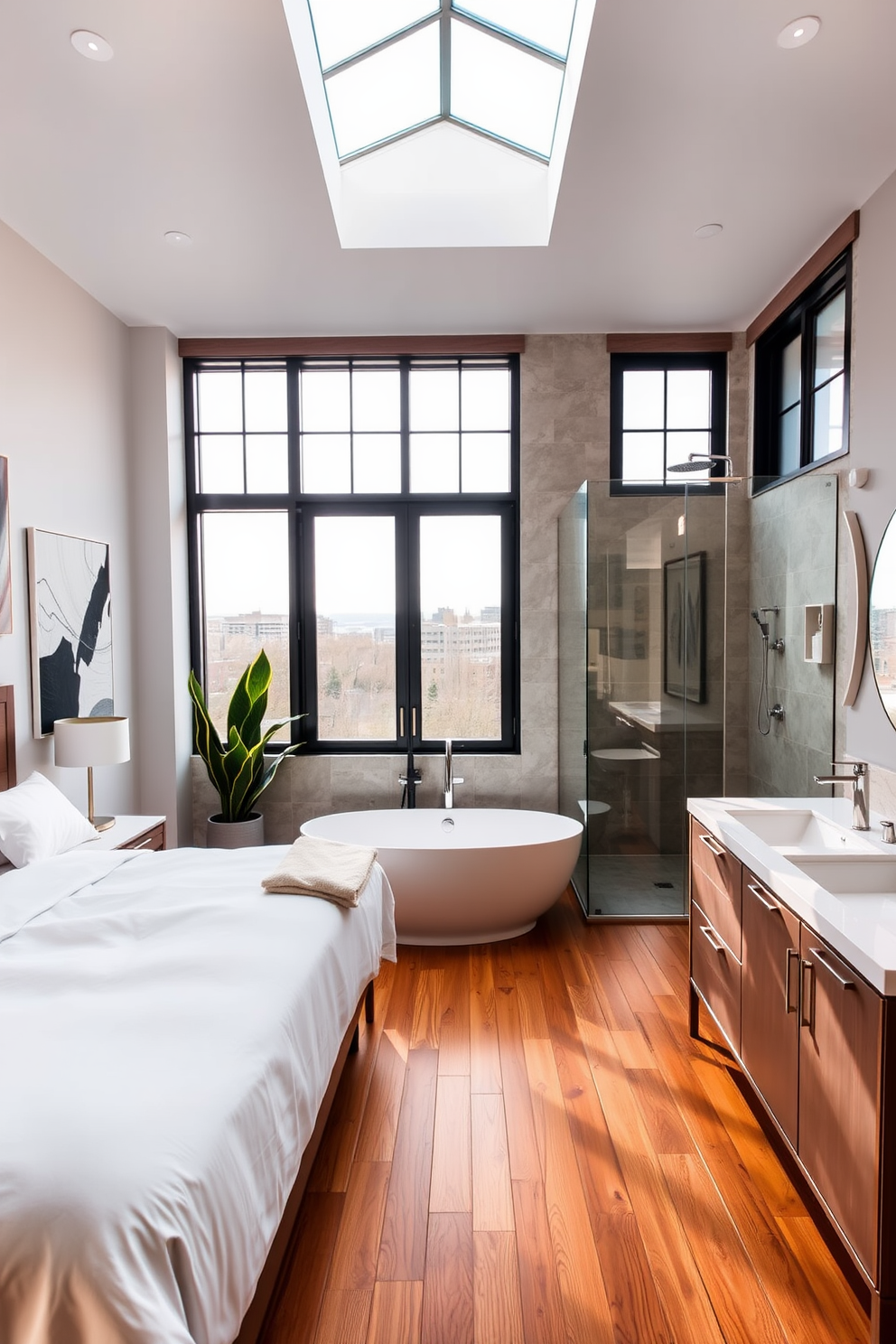 A contemporary guest suite with an en-suite bath featuring a plush king-size bed dressed in soft white linens. The walls are adorned with abstract art, and large windows allow natural light to flood the space, highlighting the warm wooden floors. The en-suite bath includes a sleek glass shower with modern fixtures and a freestanding soaking tub positioned under a skylight. Neutral tones dominate the color palette, complemented by elegant touches such as a stylish vanity and decorative plants.