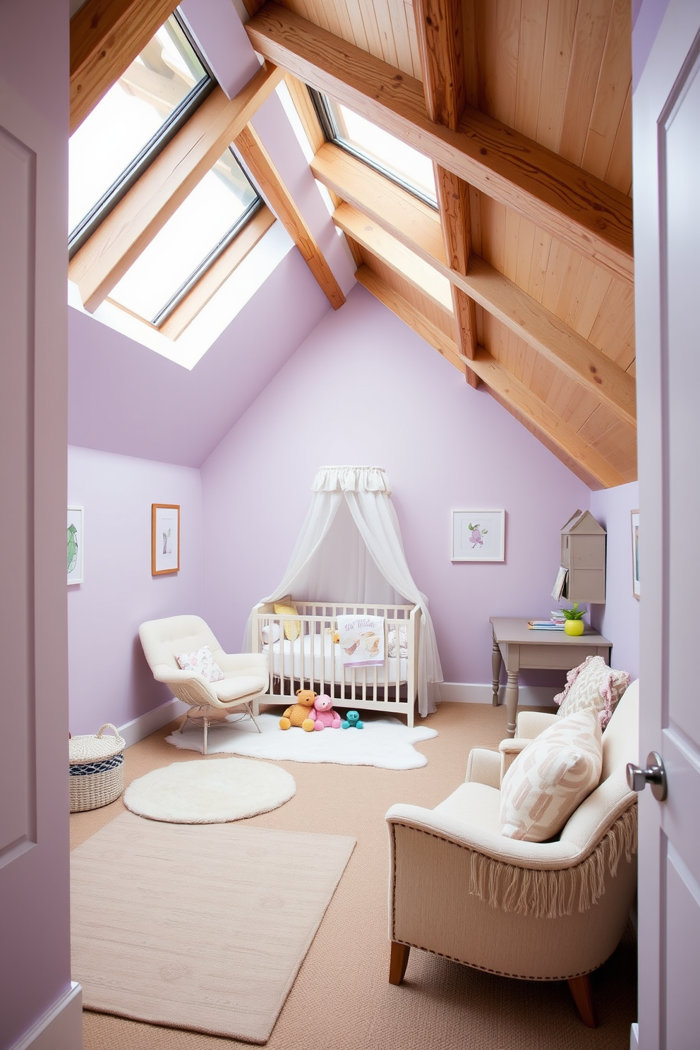 Charming nursery with soft pastel hues. The walls are painted in a gentle lavender shade, and there is a cozy crib with a white canopy in the center of the room. A plush rocking chair sits in the corner, surrounded by colorful stuffed animals. Soft, patterned rugs cover the floor, and whimsical wall art adds a playful touch to the decor. Attic design ideas. The space features exposed wooden beams and large skylights that flood the area with natural light. A comfortable reading nook is created with a built-in bench and cushions, while a small desk provides a perfect workspace. The walls are painted in a warm beige tone, enhancing the cozy atmosphere of the attic.