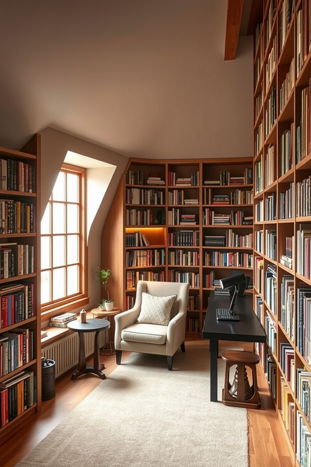 A unique library with a cozy atmosphere features floor-to-ceiling bookshelves filled with a diverse collection of books. A plush reading nook with a comfortable armchair and a small side table is nestled by a large window, allowing natural light to flood the space. Attic design ideas include transforming the space into a multifunctional area that serves as both a home office and a relaxation zone. Soft lighting and warm colors create an inviting ambiance, while built-in storage solutions maximize the use of the available space.