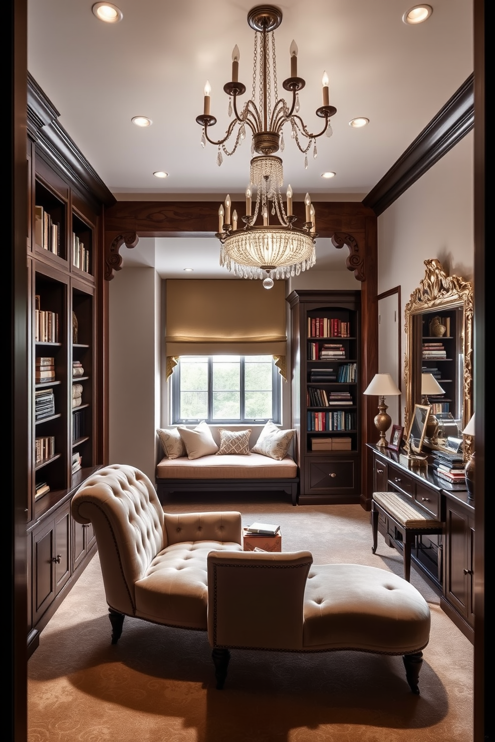 Glamorous dressing room with ample lighting. The room features a plush velvet chaise lounge and a large ornate mirror with a crystal chandelier overhead, creating a luxurious atmosphere. Attic design ideas that maximize space and light. The design includes built-in bookshelves, a cozy reading nook with a window seat, and exposed wooden beams that add character and warmth.