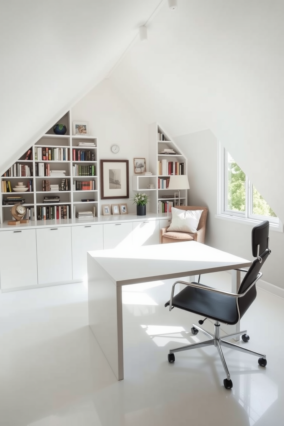 A minimalist workspace bathed in natural light. The room features a sleek white desk with a simple black chair, positioned near a large window that offers a view of greenery outside. Attic design ideas that maximize space and comfort. The area includes a cozy reading nook with a plush armchair, surrounded by built-in shelves filled with books and personal decor.