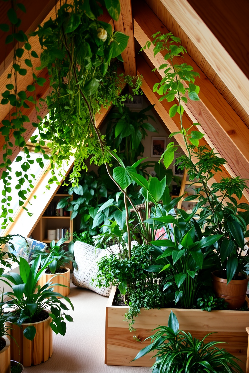 An indoor garden filled with lush greenery creates a serene and refreshing atmosphere. Various plants in different sizes are arranged in natural wooden planters, allowing for a vibrant display of foliage. The attic design features a cozy reading nook with a plush armchair and a small bookshelf. Soft, ambient lighting illuminates the space, highlighting the exposed wooden beams and creating a warm and inviting retreat.