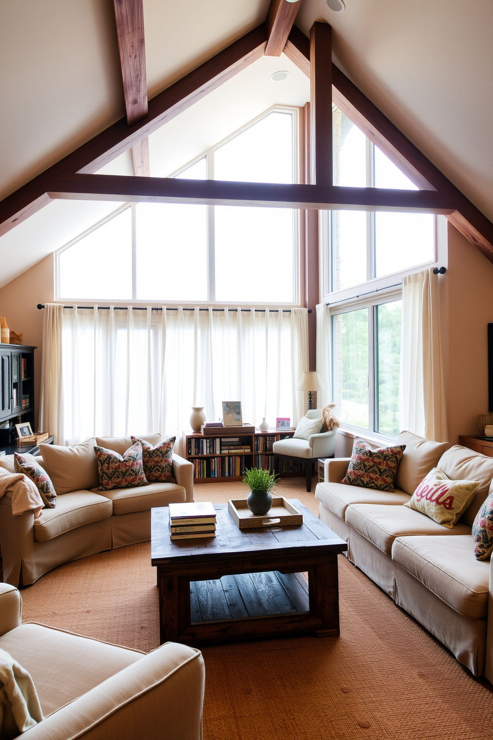 Warm family room with comfortable seating. The room features a large sectional sofa in soft beige fabric, complemented by colorful throw pillows. A rustic wooden coffee table sits in the center, adorned with a stack of books and a decorative tray. Large windows allow natural light to flood the space, with sheer curtains that gently filter the sunlight. Attic design ideas. The attic is transformed into a cozy reading nook, with a plush armchair and a small bookshelf filled with novels. Soft ambient lighting creates a warm atmosphere, while exposed beams and a sloped ceiling add character to the space. A small desk is positioned by the window, offering a perfect spot for work or study.