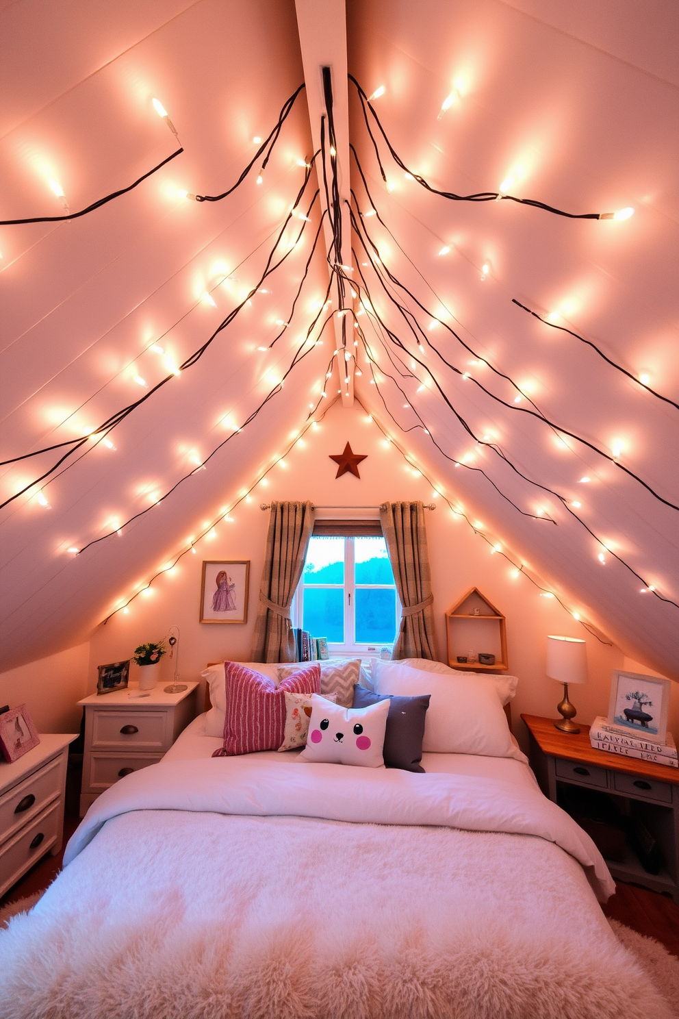 A dreamy attic bedroom filled with soft, ambient lighting from fairy lights strung across the sloped ceiling. The room features a cozy bed with plush bedding, surrounded by whimsical decor and a small reading nook by the window.