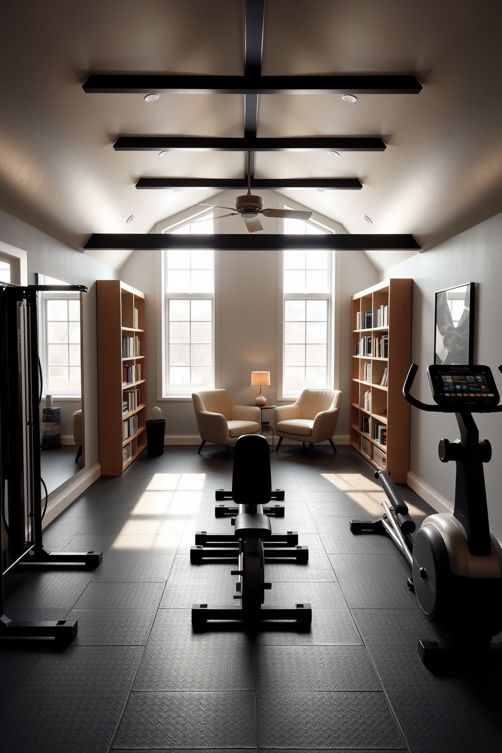 A modern fitness area featuring sleek workout equipment. The space includes a large wall mirror, rubber flooring, and ample natural light streaming in through the windows. Attic design ideas showcasing a cozy reading nook. There are built-in bookshelves, a comfortable armchair, and soft lighting to create an inviting atmosphere.