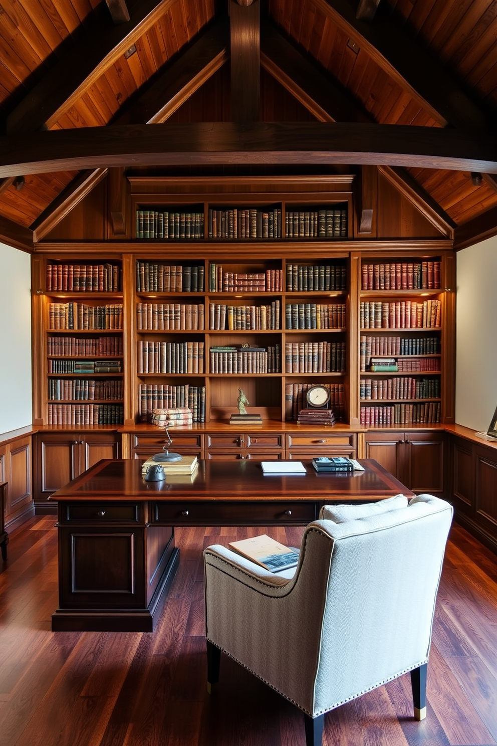 A sophisticated study with rich wood tones features a large mahogany desk positioned centrally in the room. Behind the desk, a wall of built-in bookshelves showcases an extensive collection of leather-bound books and decorative artifacts. The attic design incorporates exposed wooden beams that add character and warmth to the space. Soft, ambient lighting highlights a cozy reading nook with a plush armchair and a small side table, creating an inviting retreat.