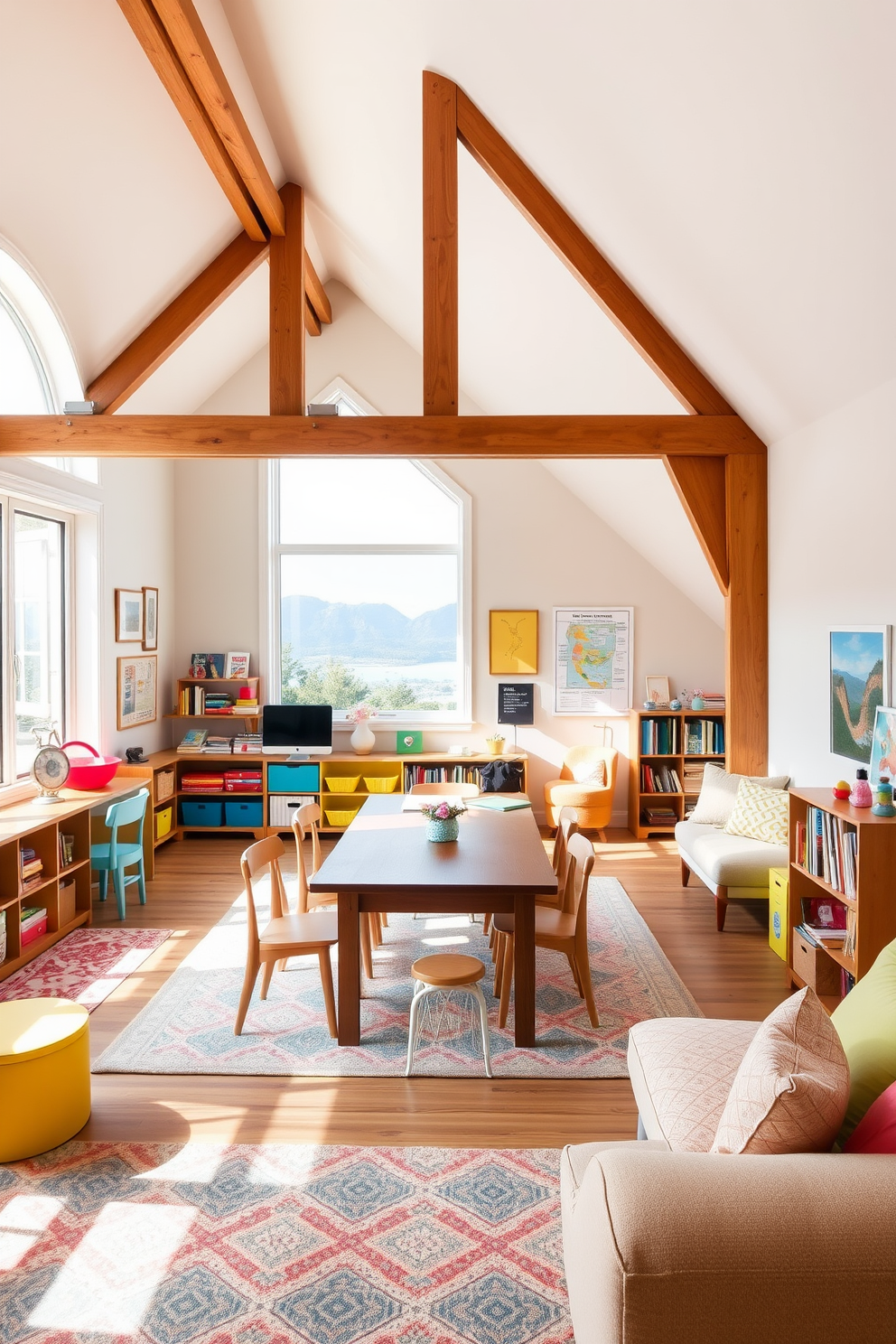 A creative home school space for kids features a bright and airy room filled with colorful furniture. A large wooden table is surrounded by comfortable chairs, and walls are adorned with educational posters and children's artwork. Attic design ideas include transforming the space into a cozy reading nook with plush seating and soft lighting. Exposed wooden beams add character, while large windows provide natural light and stunning views.