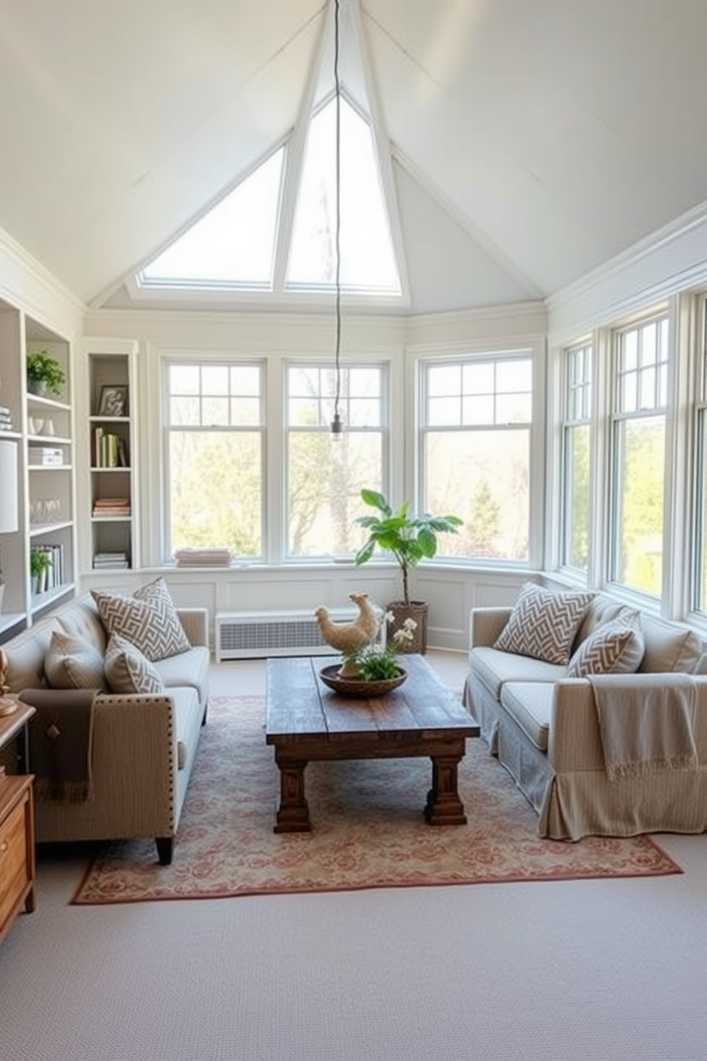 Bright sunroom with large windows. The space is filled with natural light, featuring comfortable seating arranged around a rustic wooden coffee table. Attic design ideas that maximize space and create a cozy atmosphere. Incorporate built-in shelving, soft lighting, and plush textiles to enhance the inviting feel.