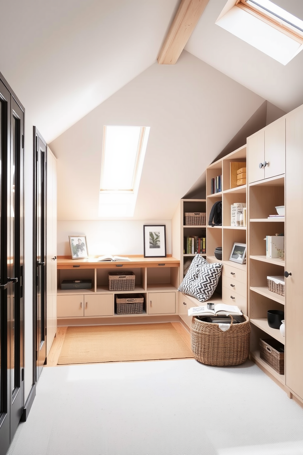 A modern kitchenette featuring sleek stainless steel appliances and a minimalist design. The cabinetry is a glossy white finish with integrated handles, and the countertops are a polished quartz with subtle veining. For the attic design, imagine a cozy space with sloped ceilings and skylights that allow natural light to flood in. The room is furnished with a plush sectional sofa, a rustic coffee table, and a reading nook with built-in bookshelves.