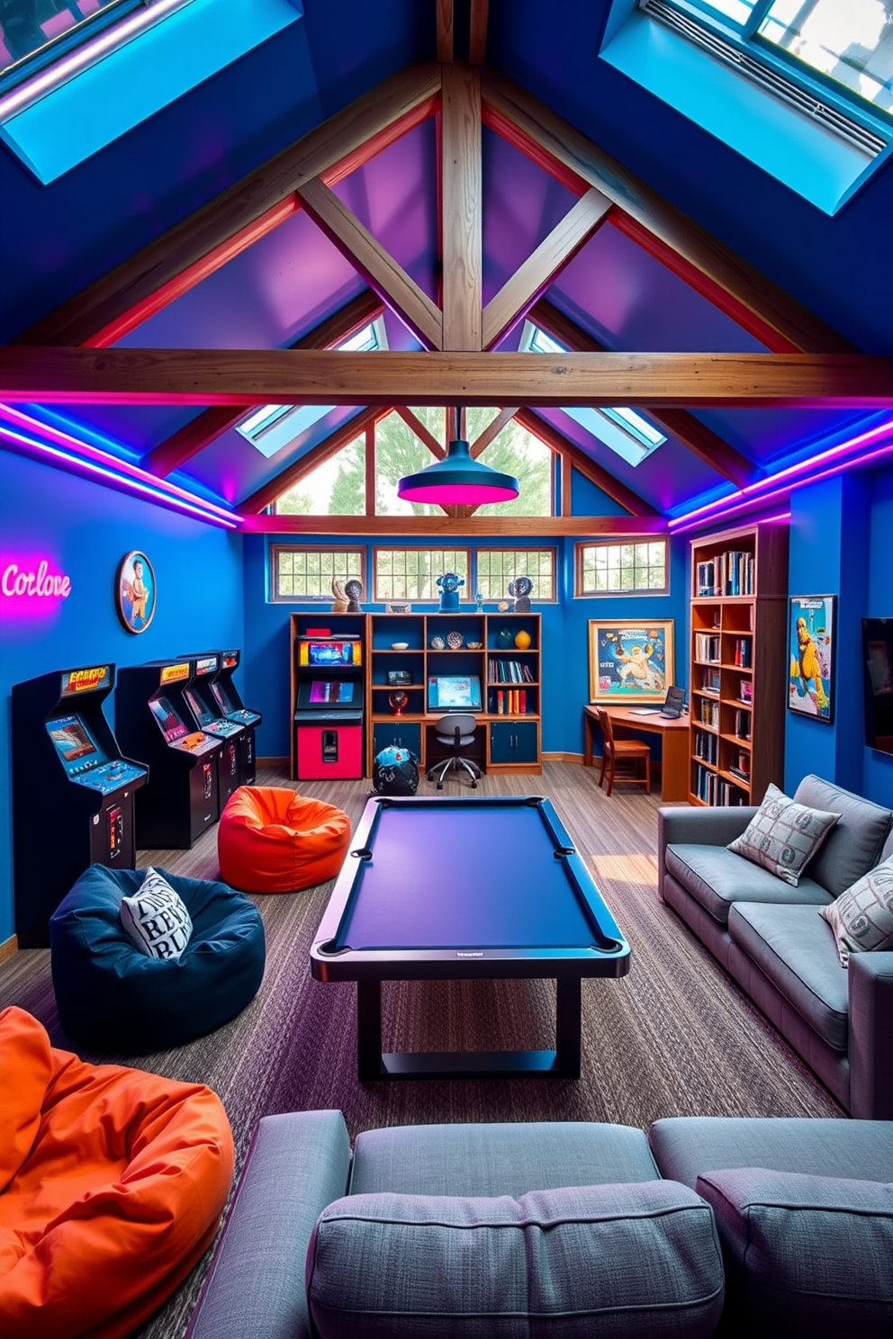 Trendy game room with arcade games. The walls are painted in a vibrant blue with neon accents, and colorful LED lights illuminate the space. There are vintage arcade machines lined up against one wall, and a sleek pool table occupies the center of the room. Plush bean bags and a sectional sofa provide comfortable seating for friends and family. Attic design ideas. The space features exposed wooden beams and large skylights that flood the area with natural light. A cozy reading nook is created with a built-in bookshelf and a comfortable armchair, while a small desk area is perfect for a home office setup.