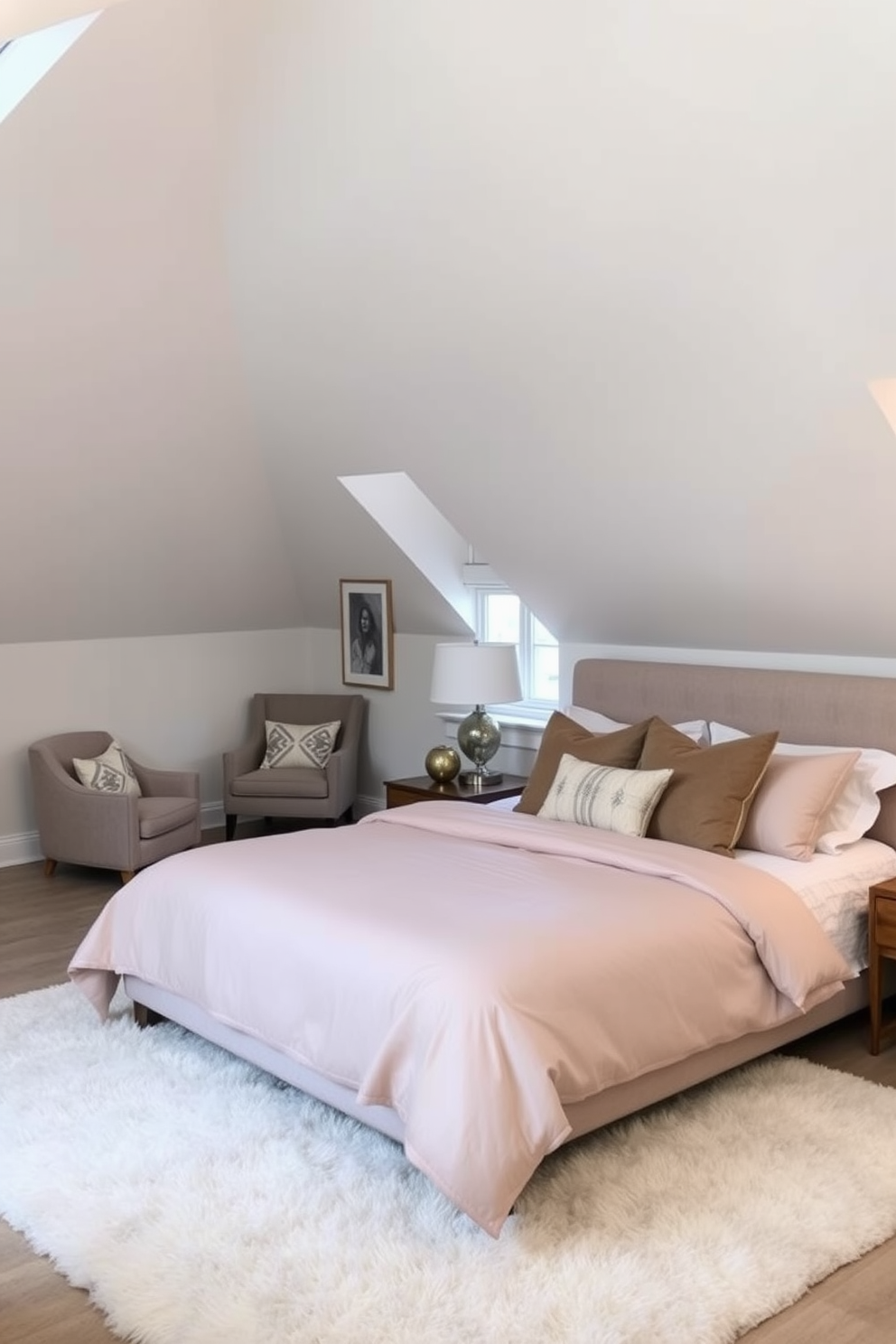 Chic guest bedroom with sloped ceilings featuring a cozy king-sized bed dressed in soft neutral linens. The walls are painted in a light pastel hue, and a plush area rug lies beneath the bed, adding warmth to the space. A stylish nightstand with a modern lamp sits on one side of the bed, while a small reading nook with a comfortable armchair is placed by the window. Decorative throw pillows and a beautiful piece of artwork complete the inviting atmosphere of the attic retreat.